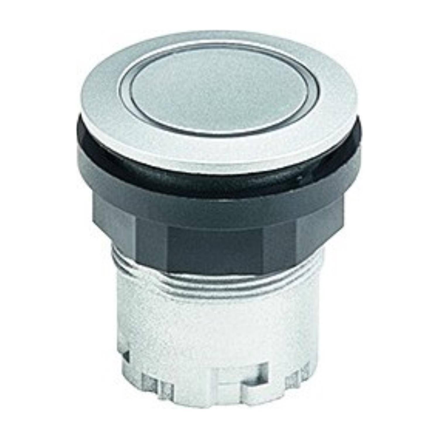 Silberfarbener Druckknopf mit einem schwarzen Ring an seiner Basis, der für industrielle oder elektronische Anwendungen verwendet wird.