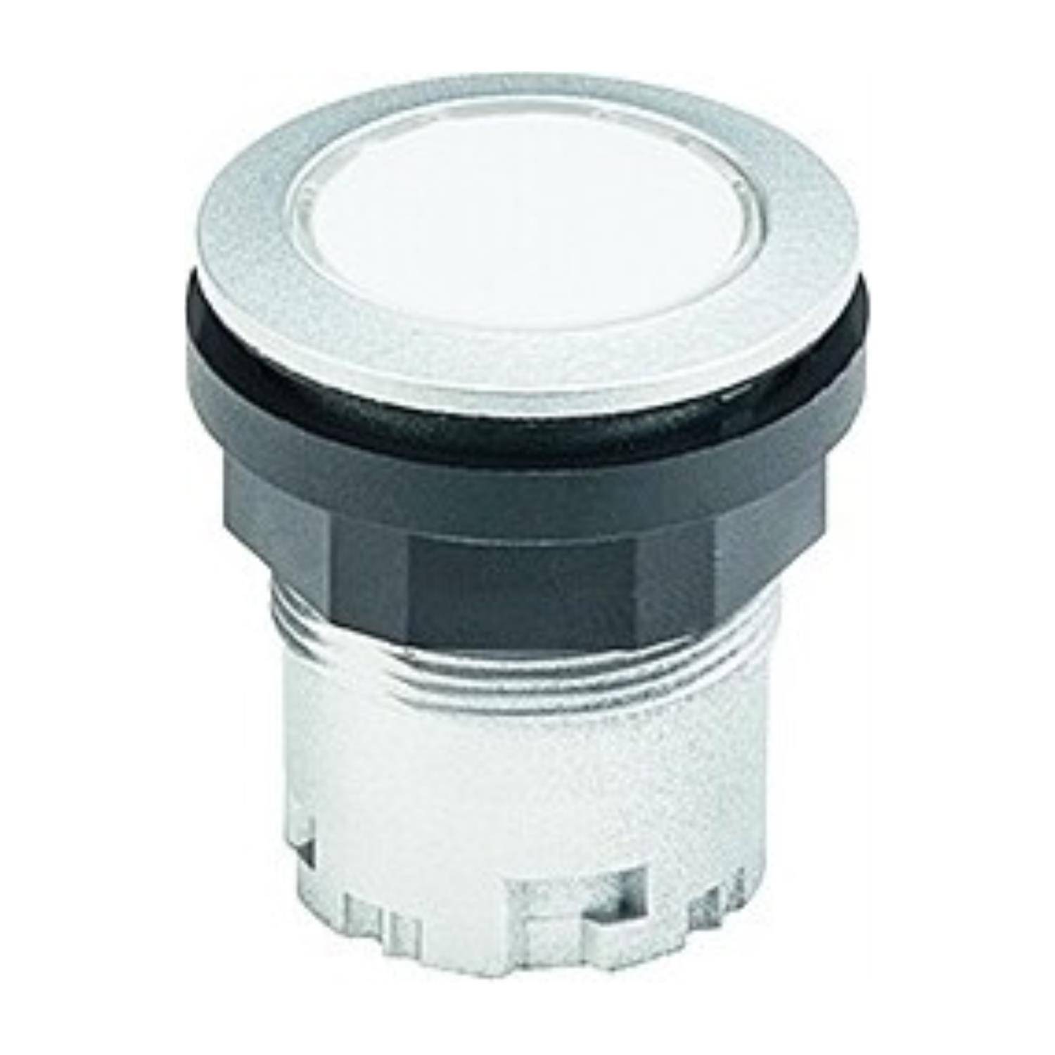 Ein kreisförmiger Drucktastenschalter mit einer Metalloberfläche und weißem Deckel, entwickelt zur Integration in elektrische Schalttafeln.