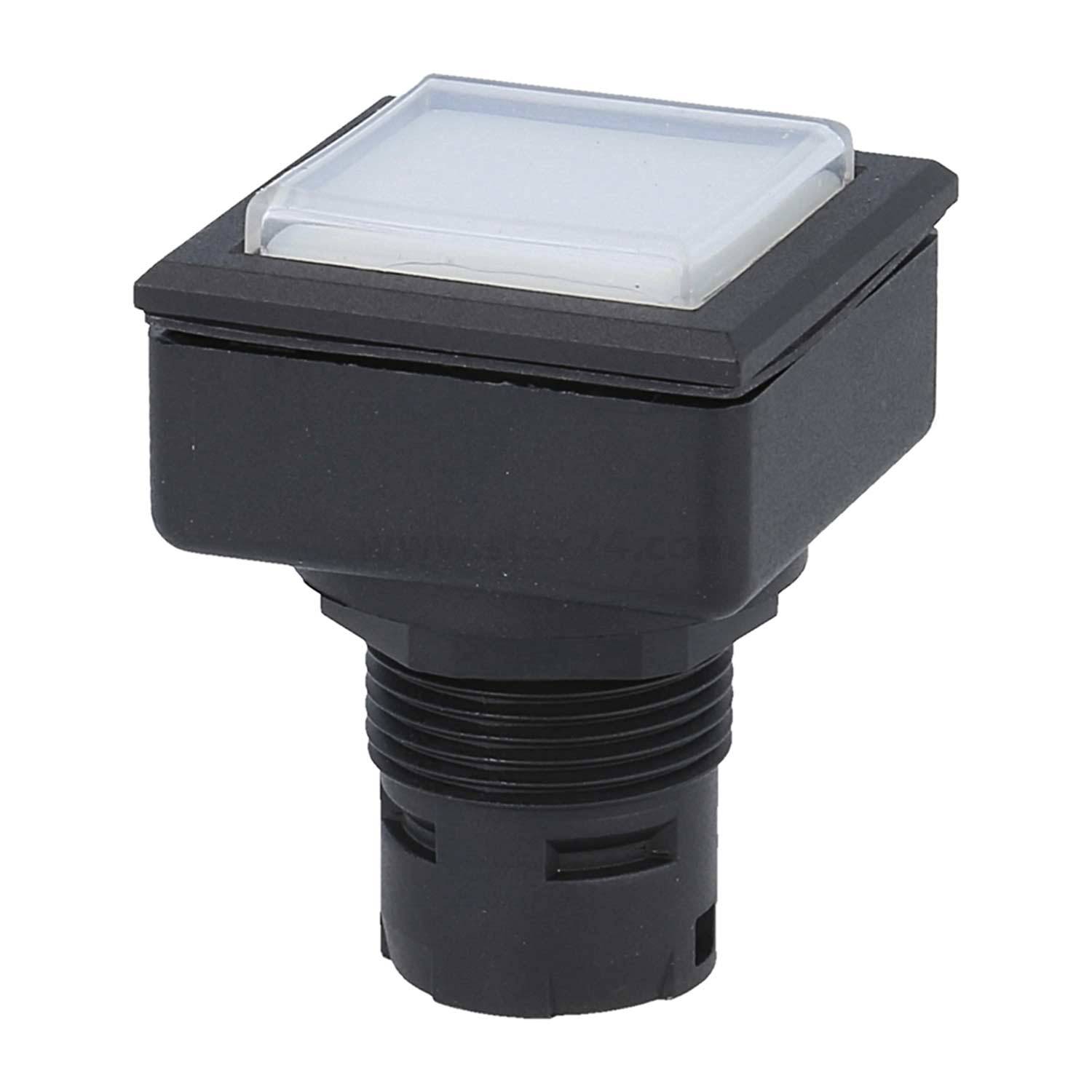 Ein schwarzer, quadratisch geformter Knopf mit weißer matter Oberfläche, konzipiert für Bedienfelder oder Maschinen, vor einem schlichten Hintergrund.