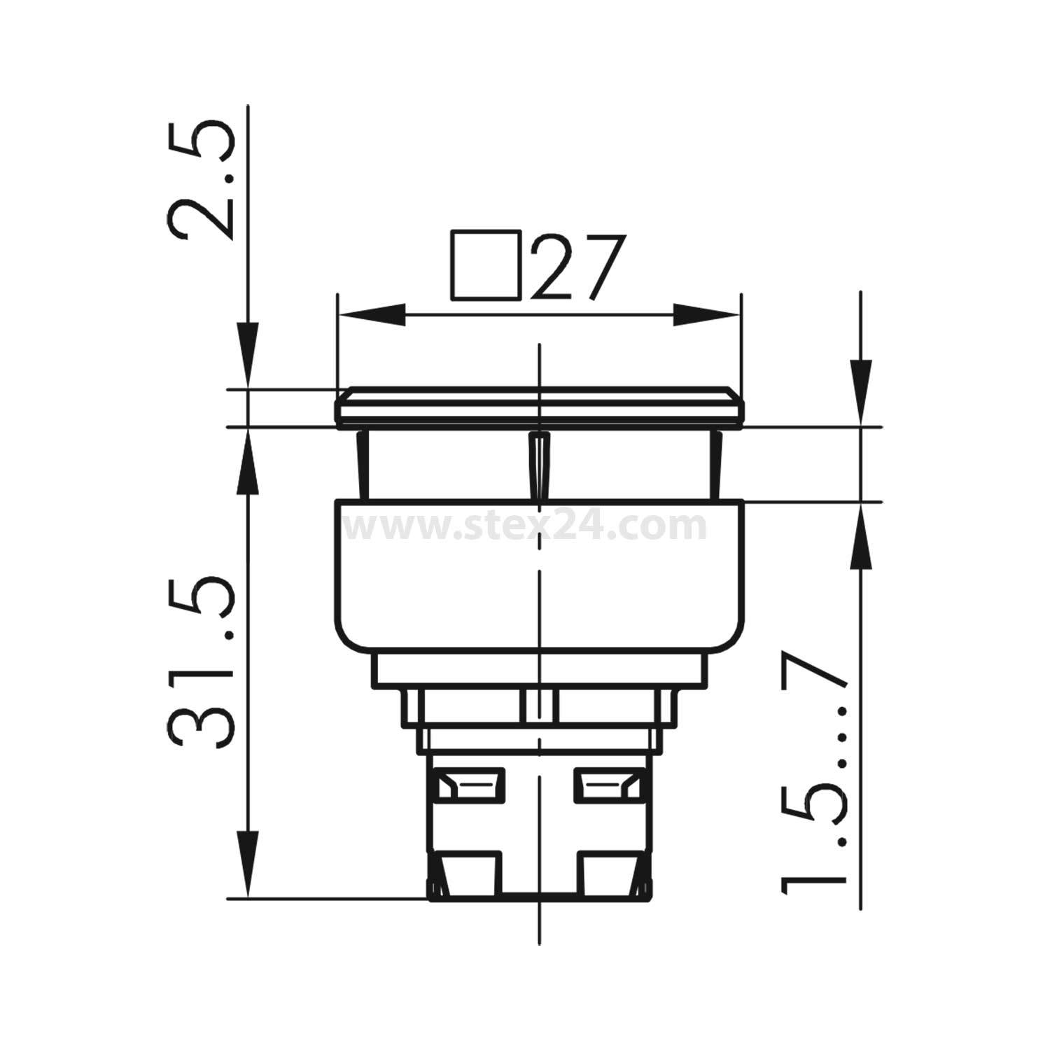 Technische Zeichnung eines Knopfes mit Maßangaben: Breite 27 mm, Höhe 31,5 mm und Dicke 1,5-7 mm. Maßangaben auf beiden Seiten.