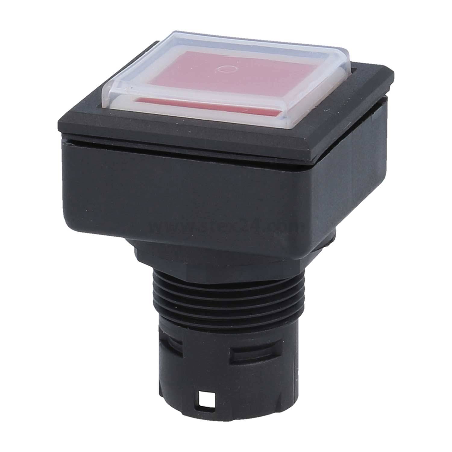 Ein schwarzer quadratischer Drucktaster mit roter Anzeige, verwendet für elektrische oder elektronische Anwendungen.