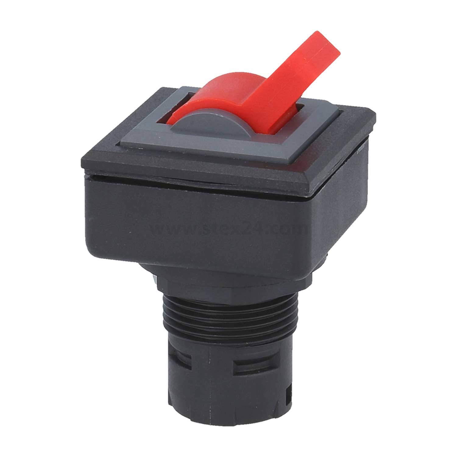 Ein quadratischer roter Kippschalter mit schwarzem Sockel, der für den Einbau in elektronische Geräte konzipiert ist.