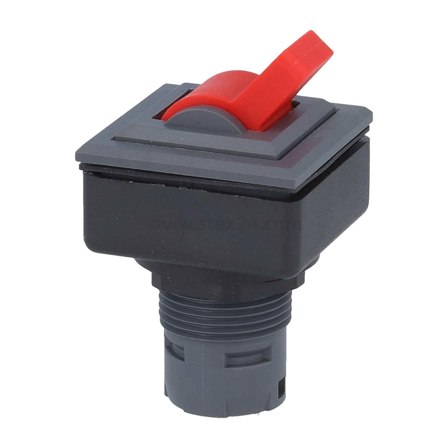 Ein quadratiger schwarzer und grauer Kippschalter mit einem vertikalen roten Hebel, der sich in der Aus-Position befindet.