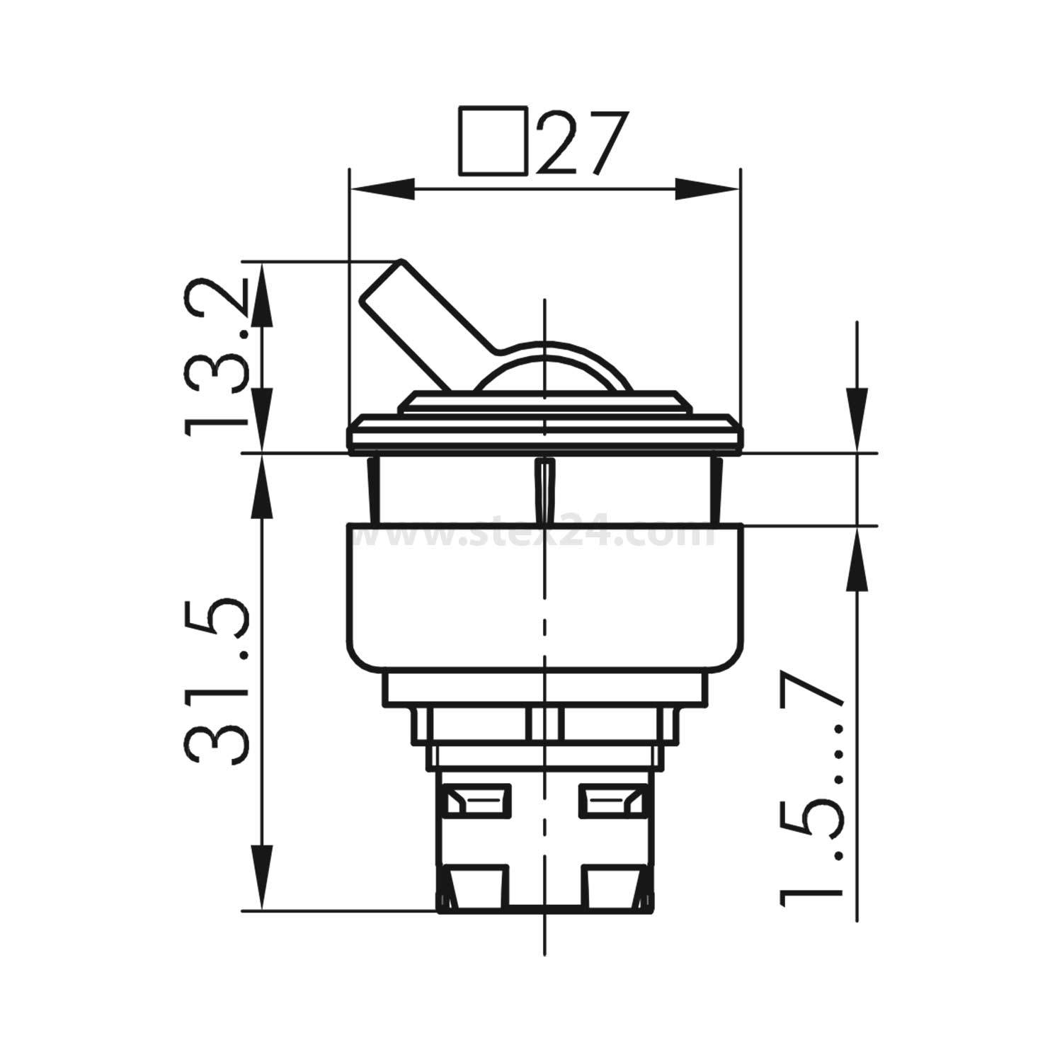 Technische Zeichnung eines Drucktasters mit Maßen: 27 mm Breite, 13,2 mm Höhe für den oberen Abschnitt, Gesamthöhe 31,5 mm.