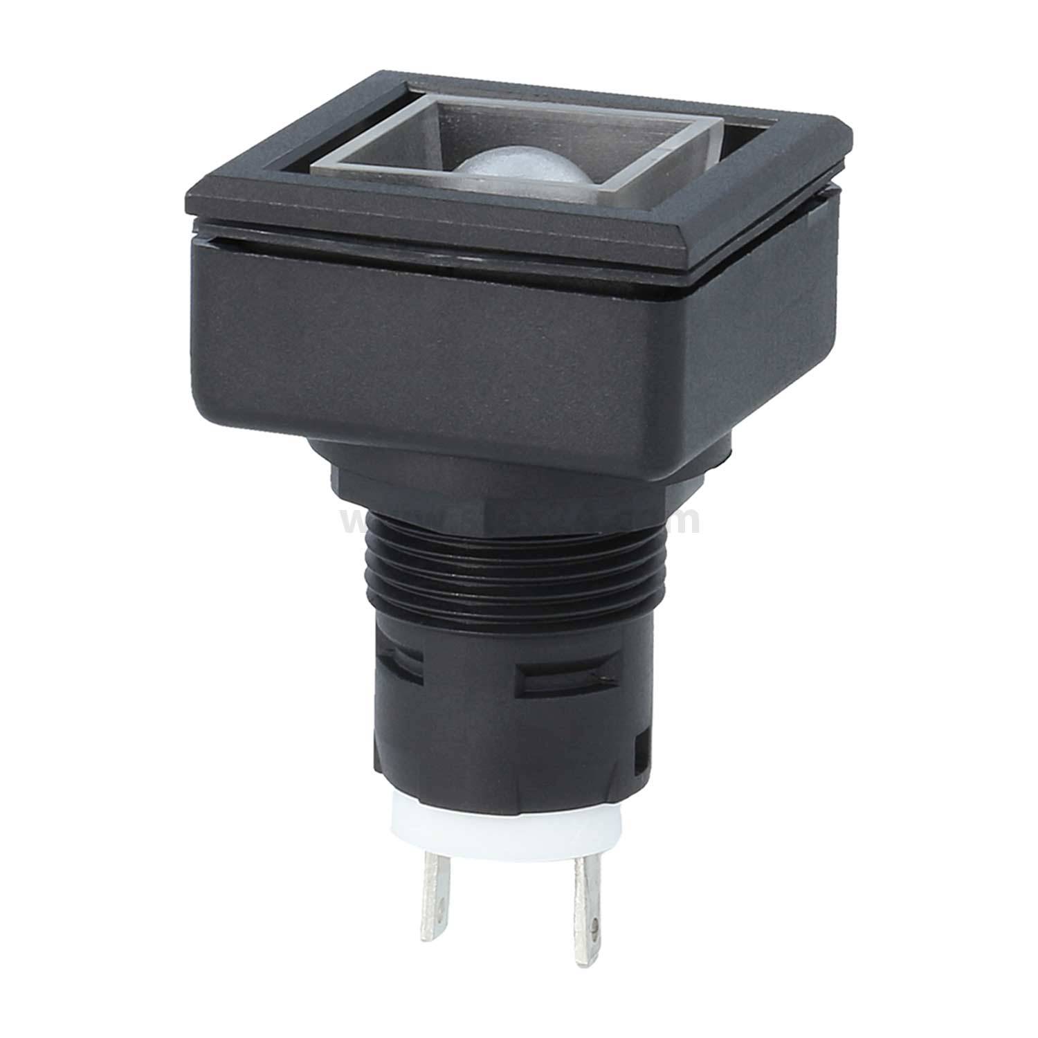 Ein schwarzer elektronischer Drucktaster mit quadratischem Rahmen, zur Paneelmontage konzipiert, mit transparenter quadratischer Abdeckung oben.