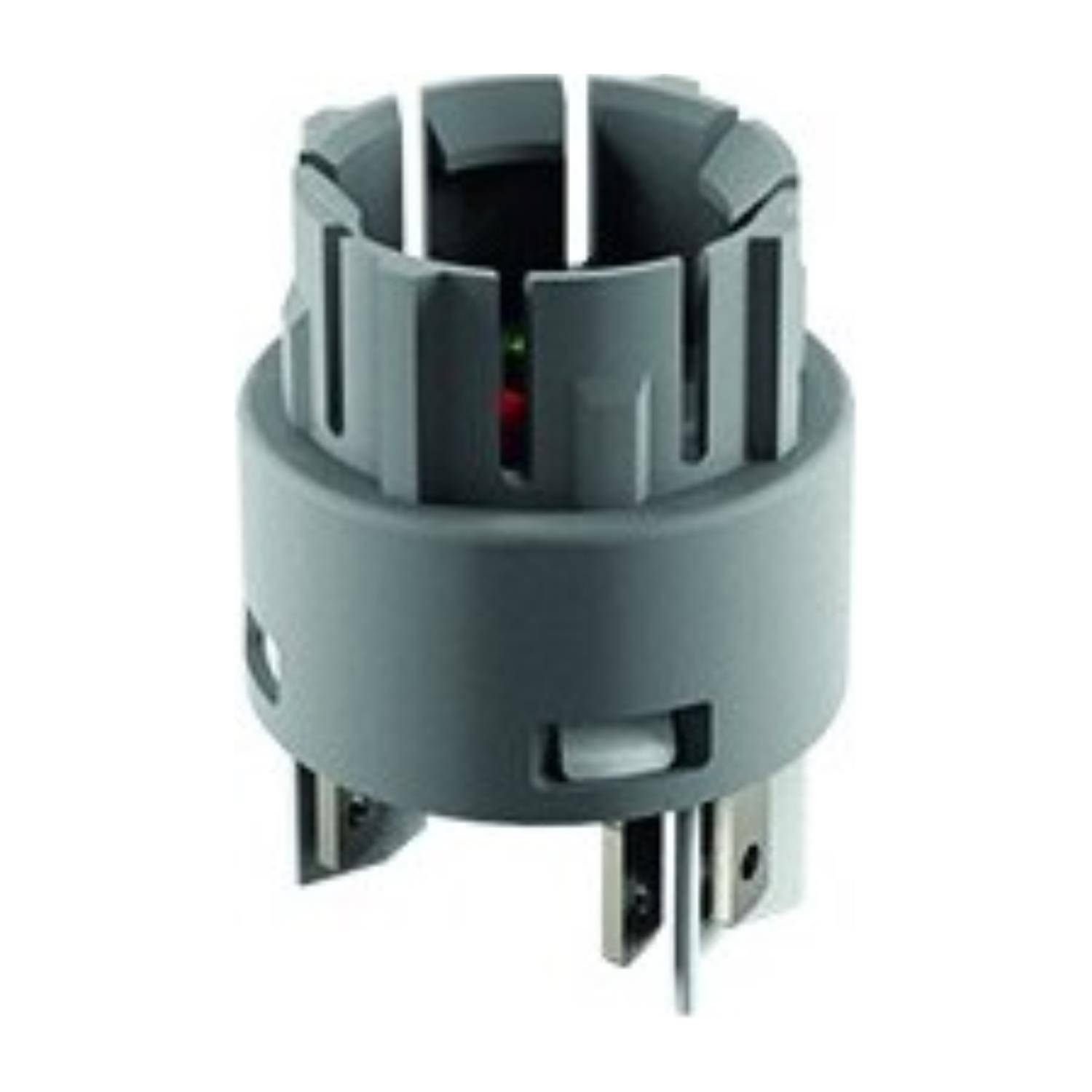 Eine Nahaufnahme eines grauen, zylindrischen elektrischen Steckdosenadapters mit mehreren Schlitzen und Stiften für verschiedene Steckertypen.