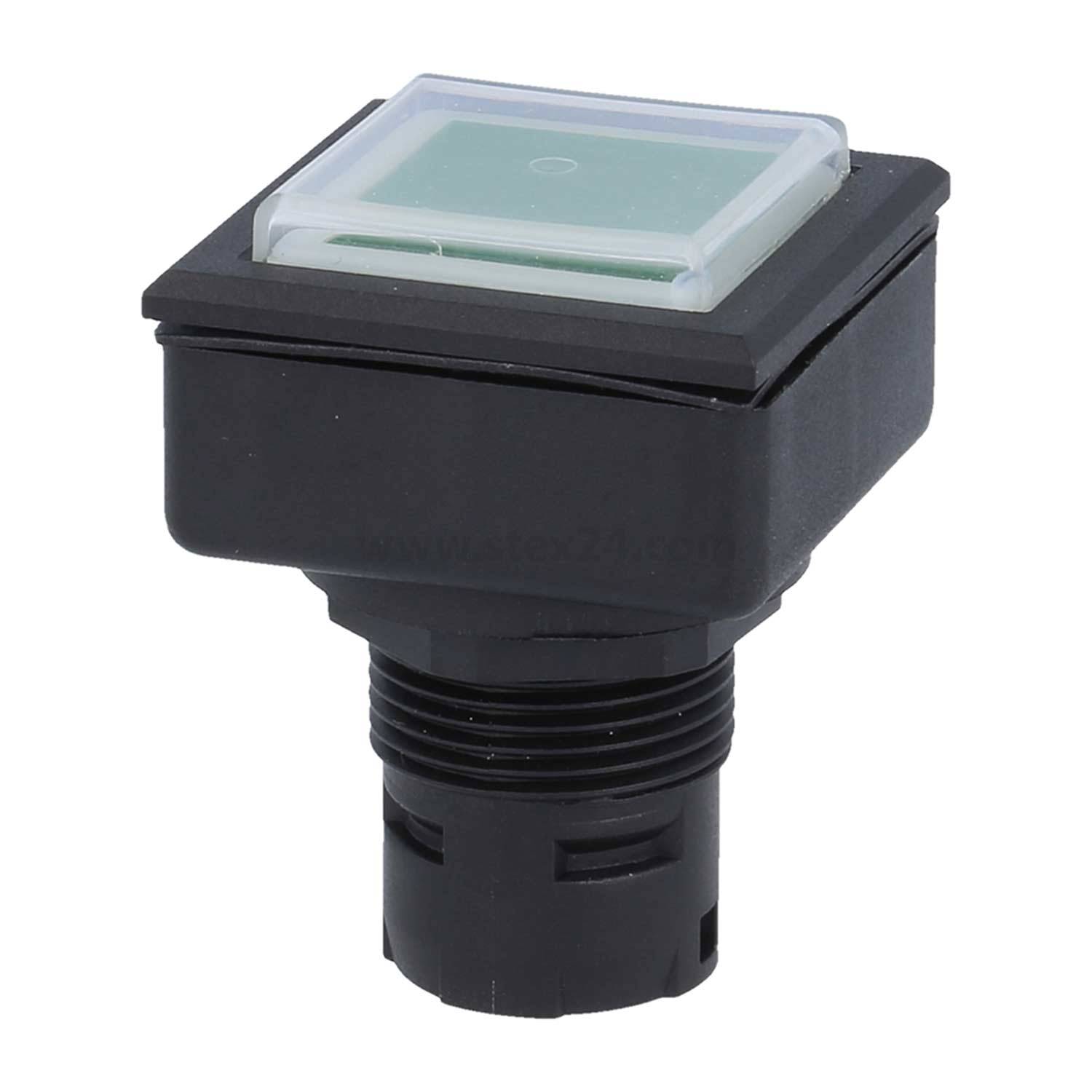 Ein quadratischer Drucktastenschalter mit schwarzer Basis und transluzenter Oberseite, zum Einbau in Schalttafeln konzipiert.