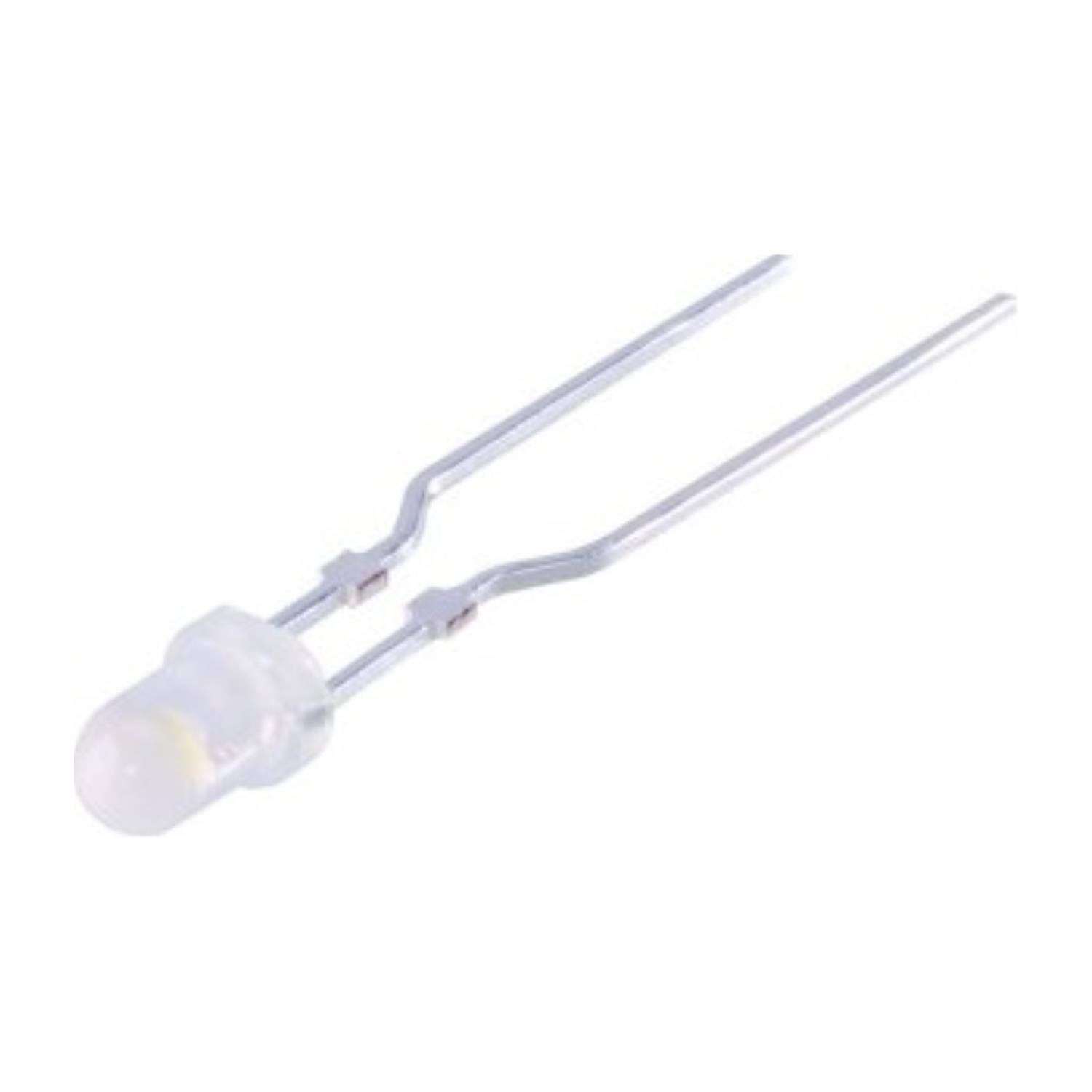 Eine kleine, klare LED-Diode mit zwei Metallstiften, die in elektronischen Schaltkreisen zur Lichtemission verwendet wird.