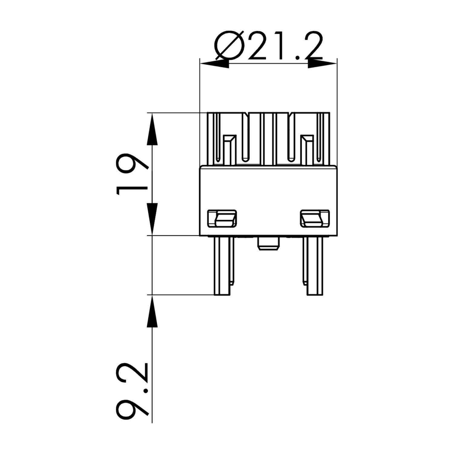 Eine technische Zeichnung einer zylindrischen Komponente mit Dimensionen: Durchmesser 21,2 mm, Höhe 19 mm und Basishöhe 9,2 mm.