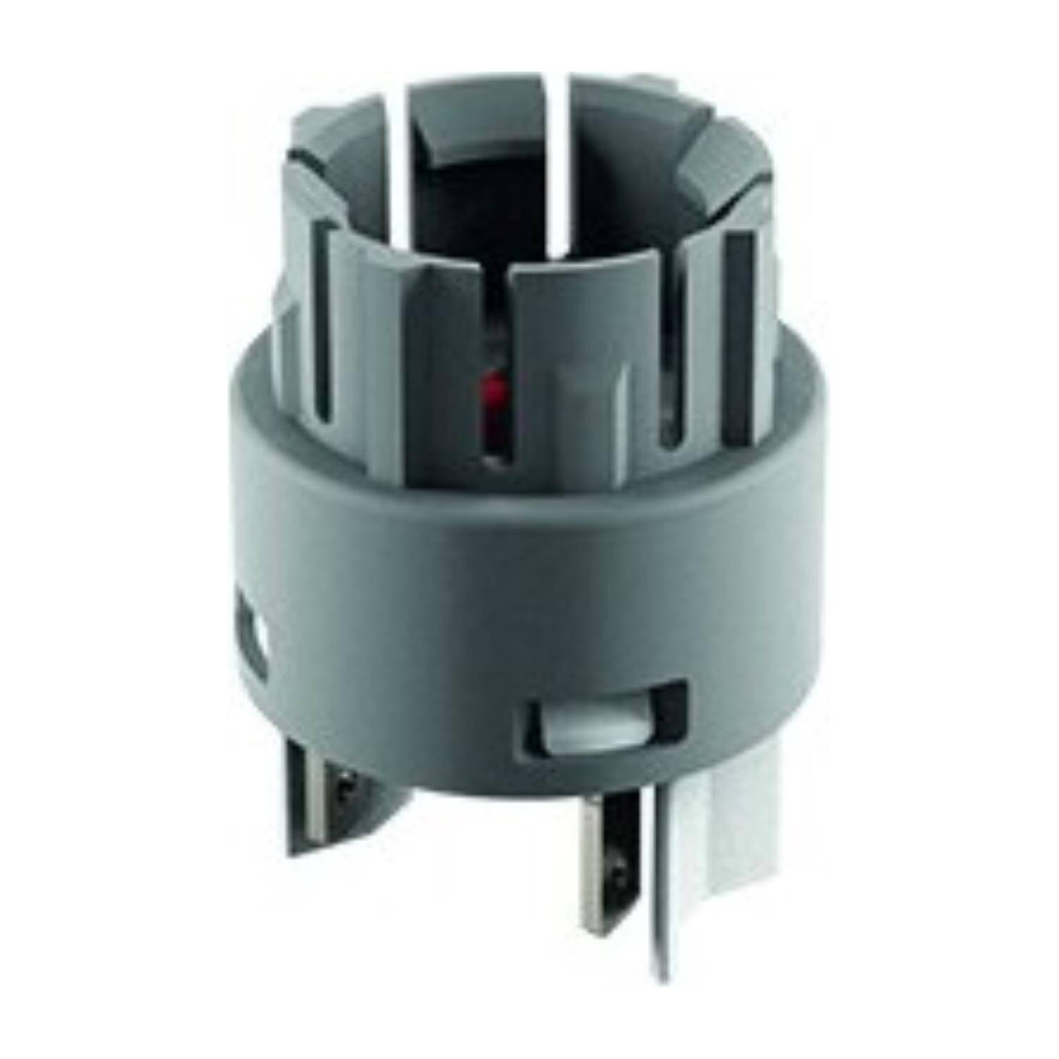 Eine graue mechanische Komponente mit mehreren Schlitzen und Zapfen um ihren zylindrischen Körper. Die Hauptverwendung oder Funktion ist nicht erkennbar.