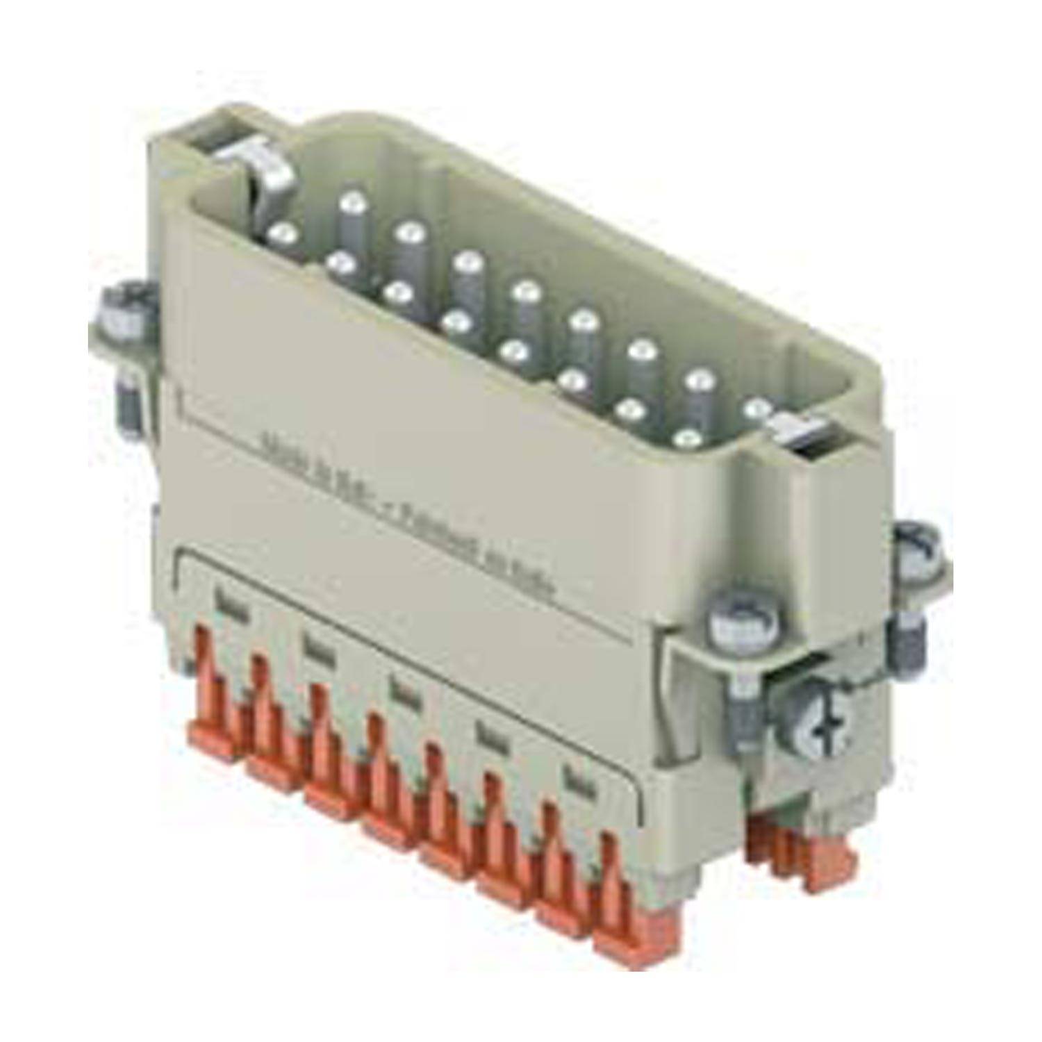 Ein beiger und orangefarbener Mehrpin-Elektroverbinder mit sichtbaren Pins und Schrauben, verwendet für industrielle oder elektronische Anwendungen.