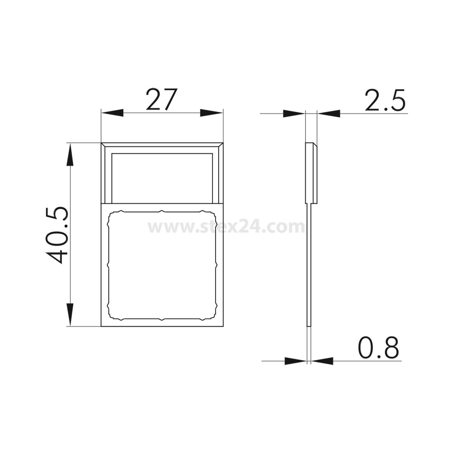 Eine technische Zeichnung eines rechteckigen Objekts, beschriftet mit Maßangaben: Breite 27 mm, Höhe 40,5 mm, Tiefe 2,5 mm und Dicke 0,8 mm.