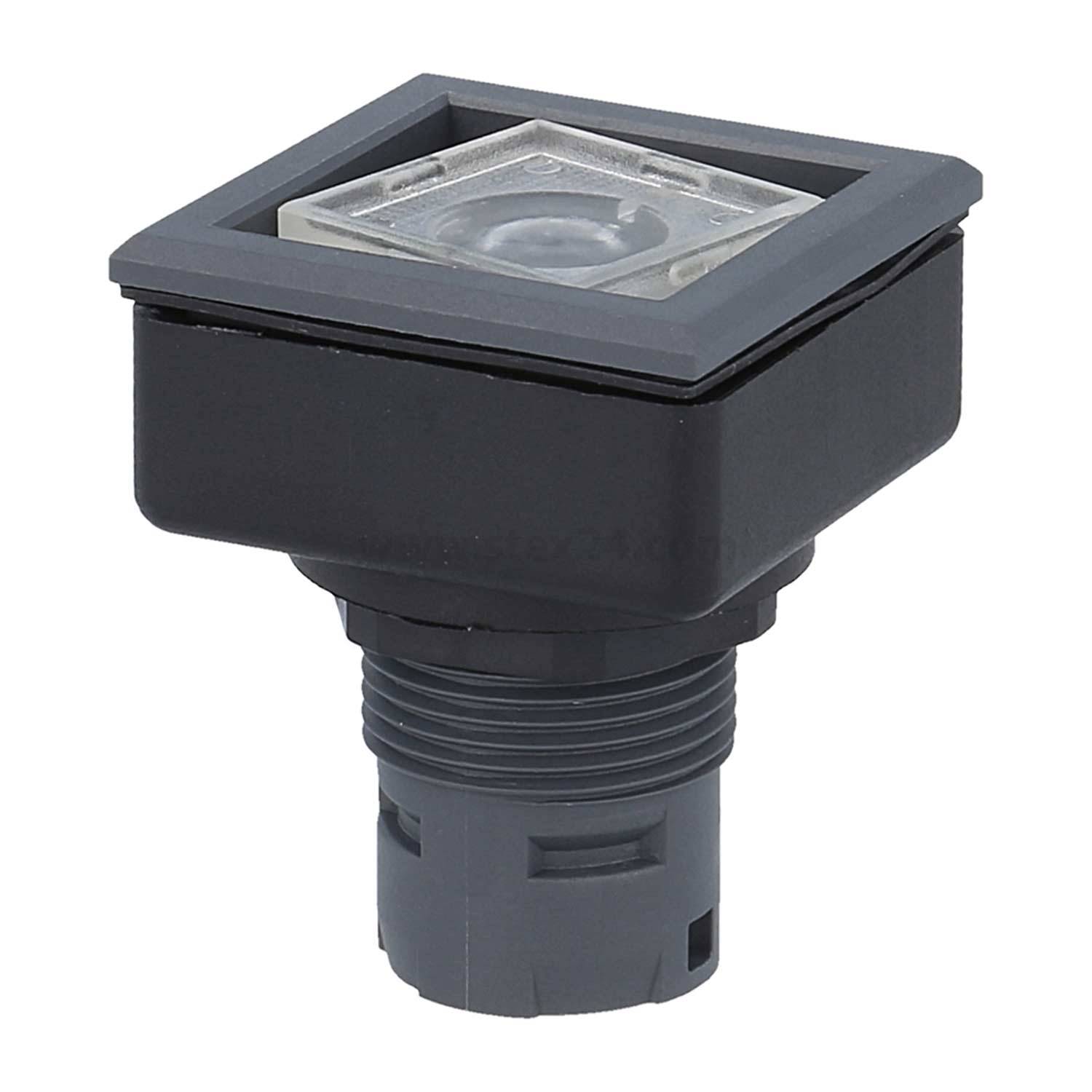 Eine quadratische, schwarze Elektrische Komponente mit einer transparenten Oberseite, möglicherweise ein Schalter oder eine Anzeigelampe, die vor einem schlichten Hintergrund abgebildet ist.