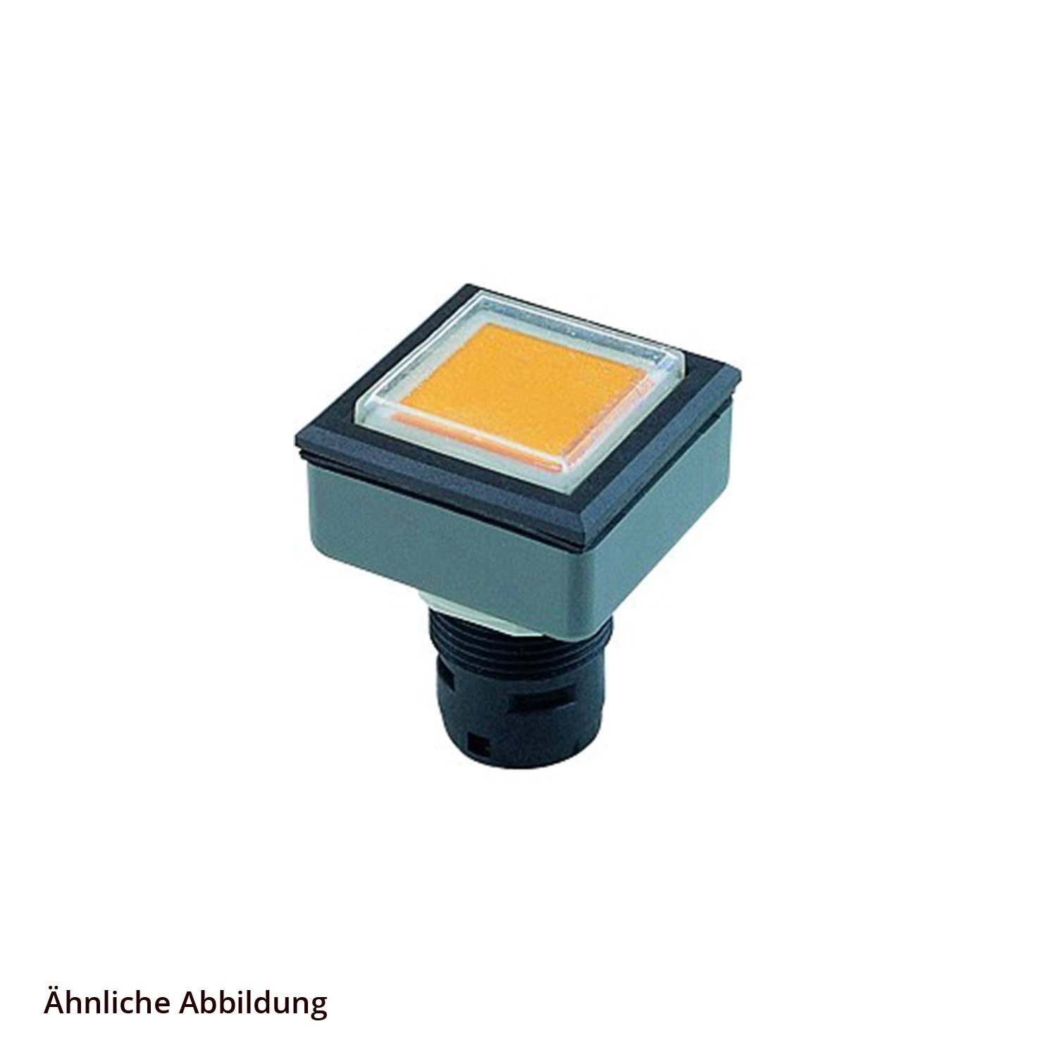 Ein quadratischer Drucktaster mit orangefarbener Oberfläche und schwarzer Basis, der üblicherweise in industriellen oder elektronischen Schaltschränken verwendet wird.