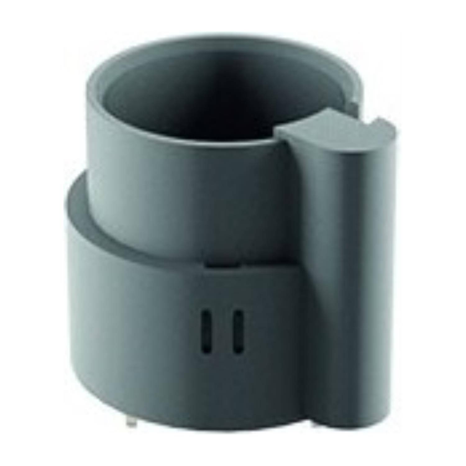 Ein zylindrischer, grauer Kunststoffhalter mit einem seitlichen Schlitz, möglicherweise zum Organisieren von Kabeln oder kleinen Gegenständen, von oben betrachtet.