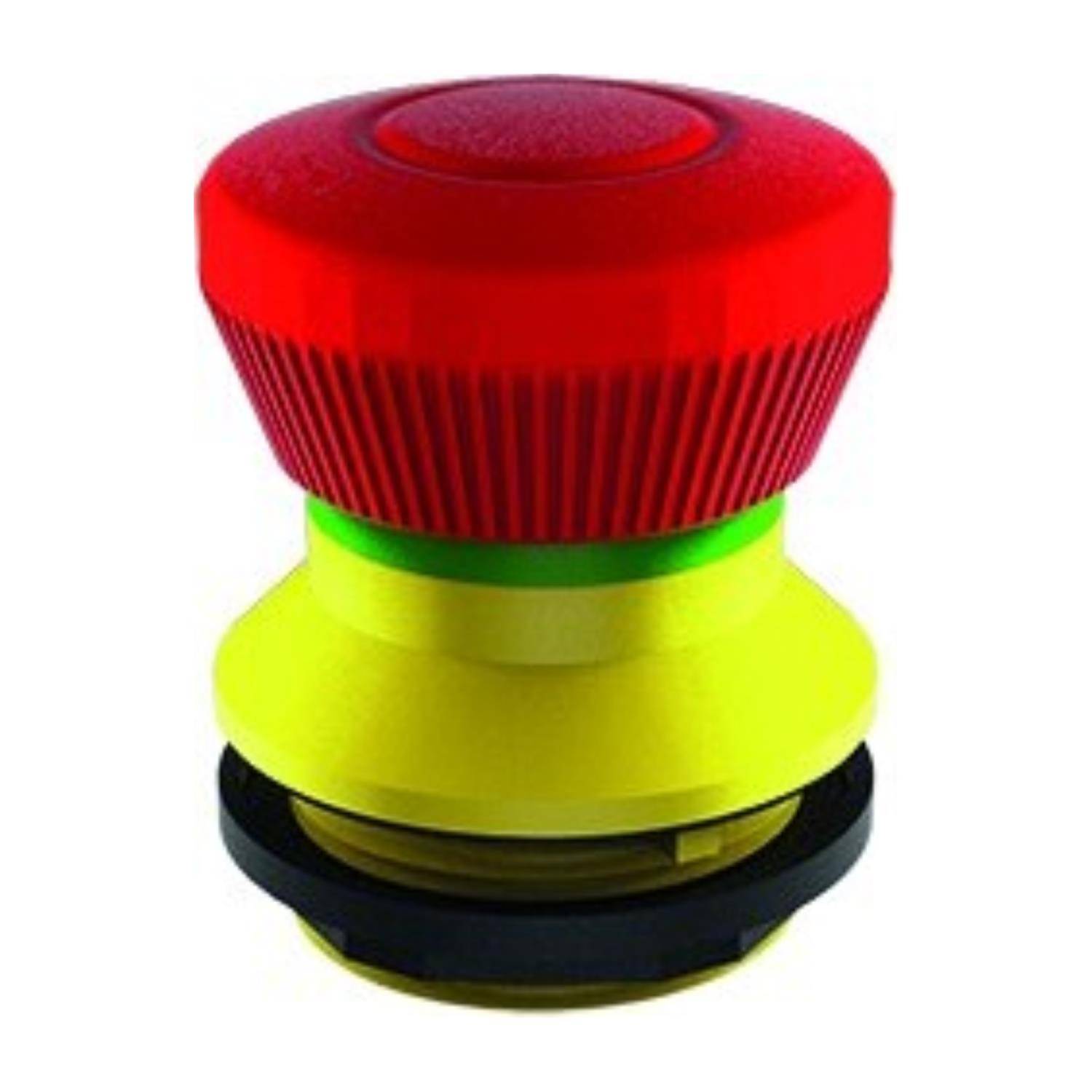 Roter Notaus-Knopf auf gelbem Untergrund.