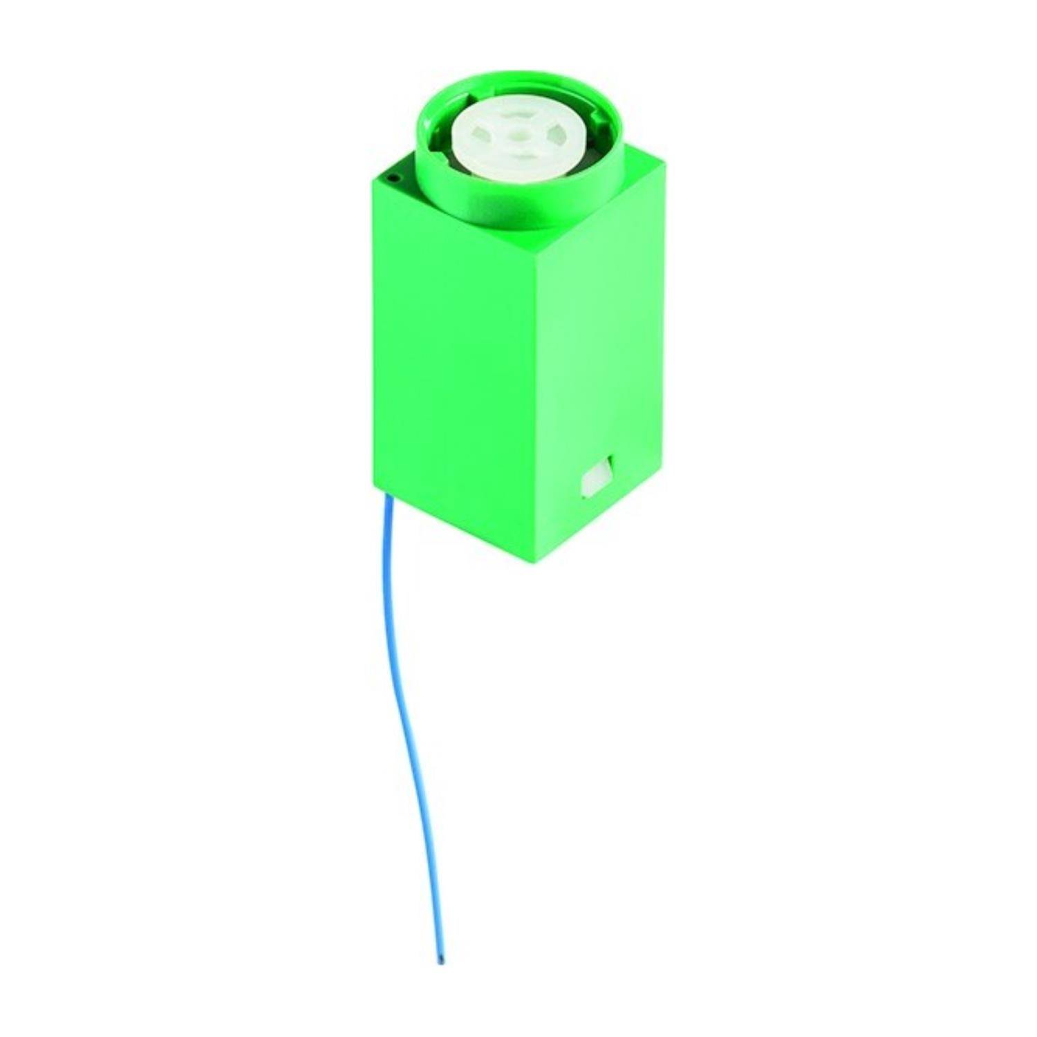 Ein kleines, grünes, rechteckiges elektronisches Gerät mit einer kreisförmigen weißen Komponente oben und einem blauen Kabel, das von seiner Basis ausgeht.