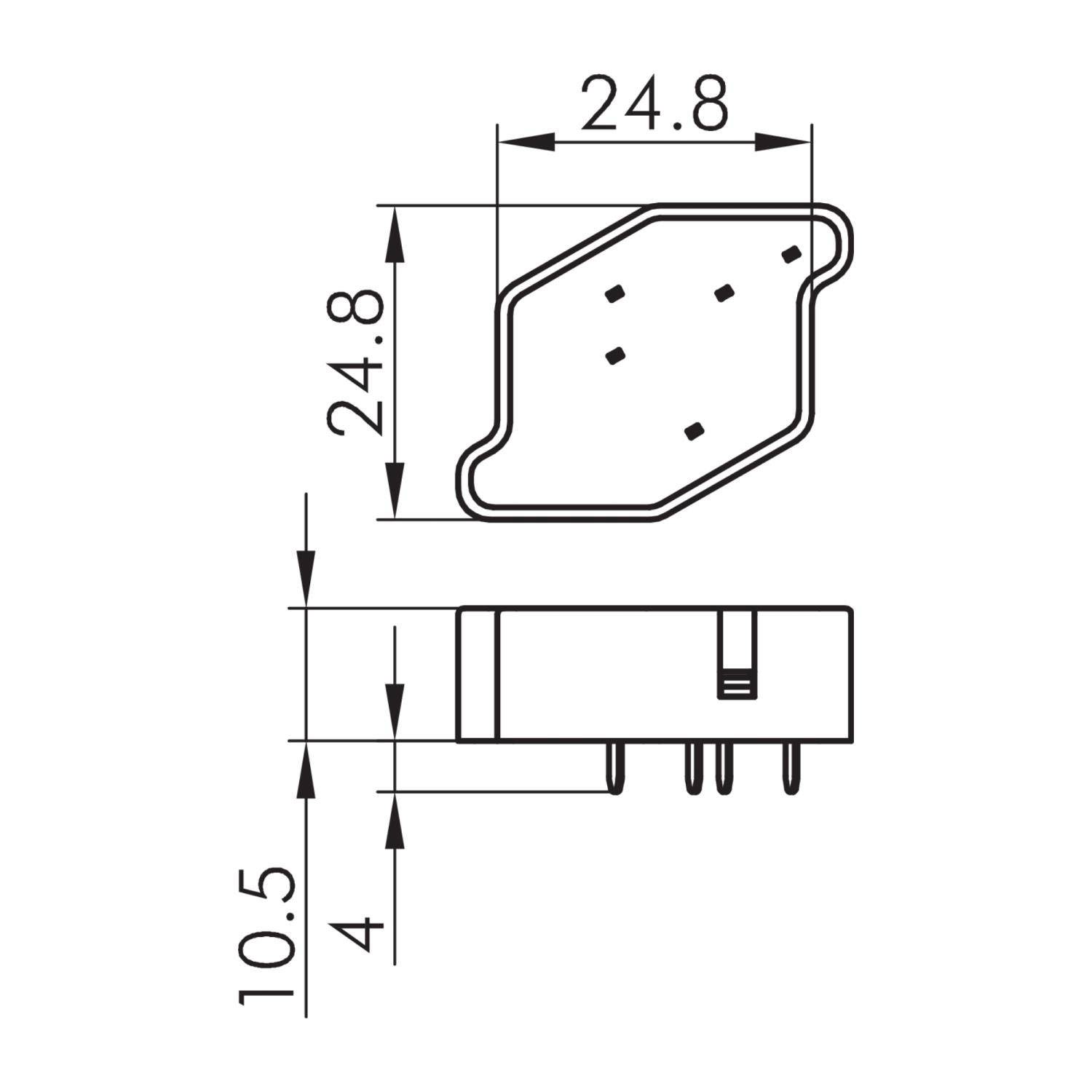 Technische Zeichnung eines Steckverbinders: Draufsicht zeigt eine Form von 24,8 mm x 24,8 mm mit vier Kontakten. Seitenansicht weist eine Höhe von 10,5 mm und eine Dicke von 4 mm auf.