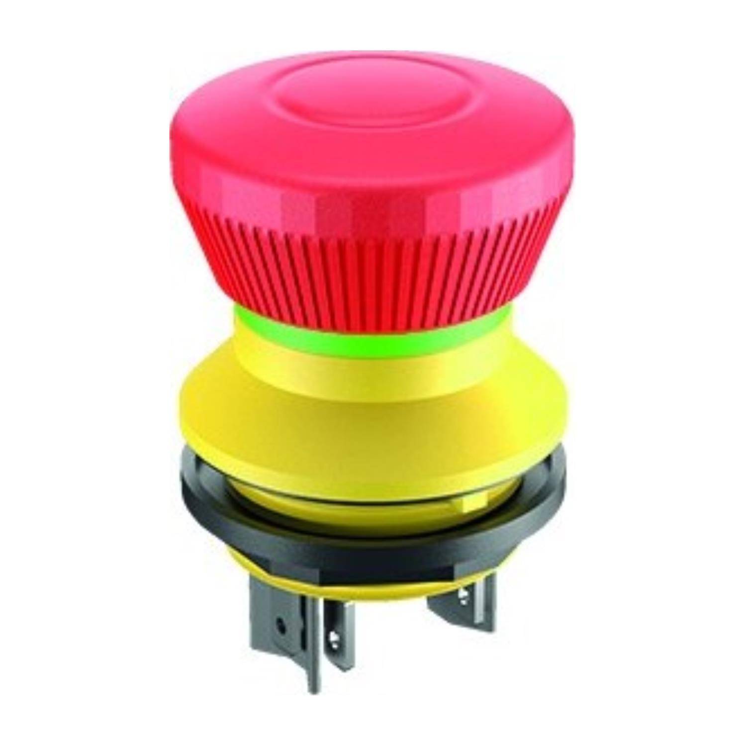 Roter Notaus-Taster mit gelber Grundfläche und grünem Signalring.