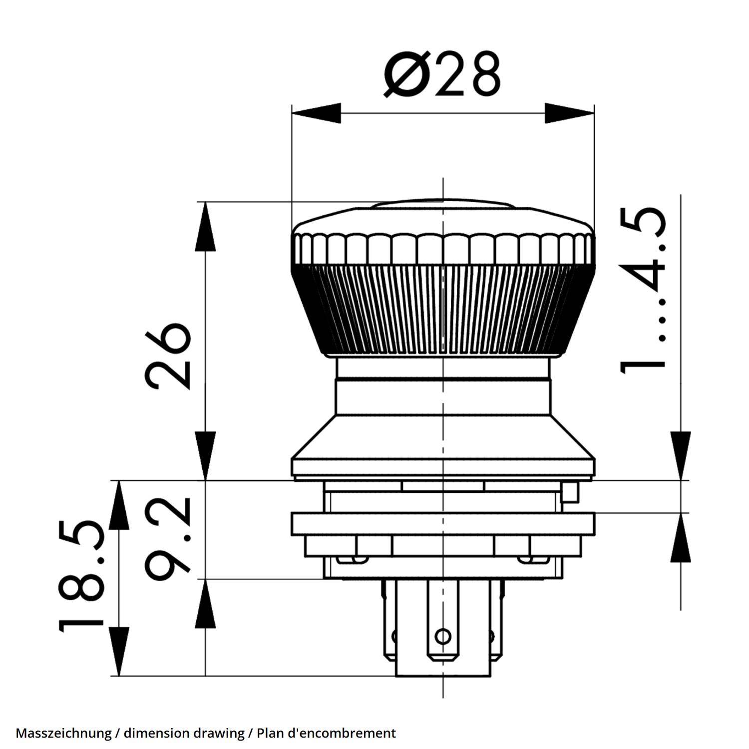 Maßzeichnung eines runden Knopfes mit gerippter Griffoberfläche. Maße: Durchmesser Ø28, Höhe 26 und Pinabschnittshöhe 18,5.