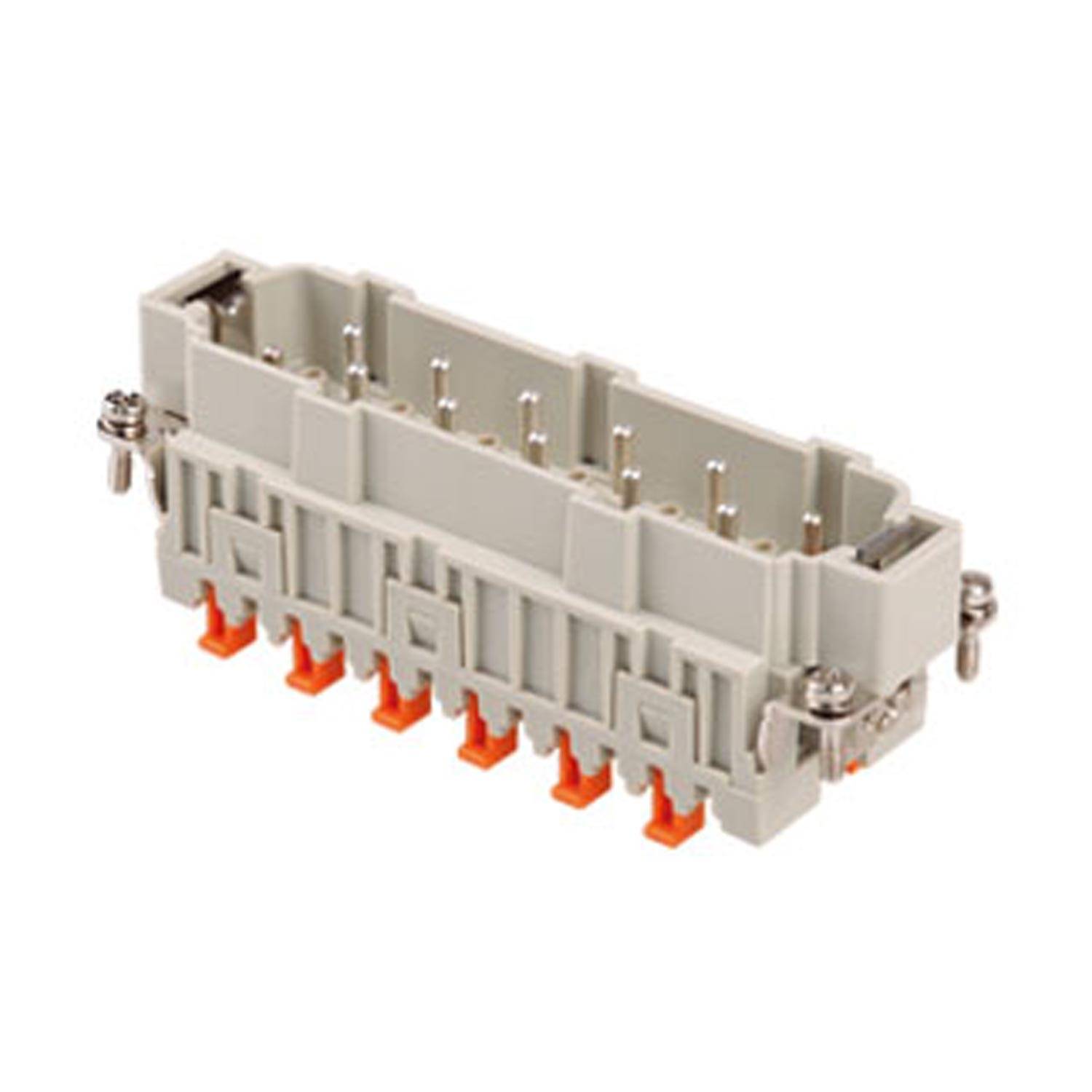 Ein rechteckiger grauer elektrischer Anschluss mit mehreren Pins und orangefarbenen Verriegelungsmechanismen. Geeignet für industrielle oder technische Anwendungen.