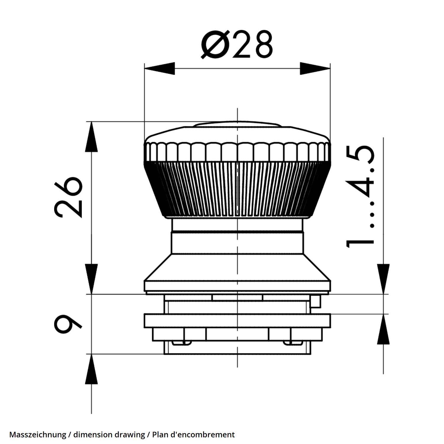 Eine technische Zeichnung, die die Abmessungen eines Objekts zeigt: Durchmesser 28, Höhe 26, Kegelabschnitt 9, Basis 1-4,5.