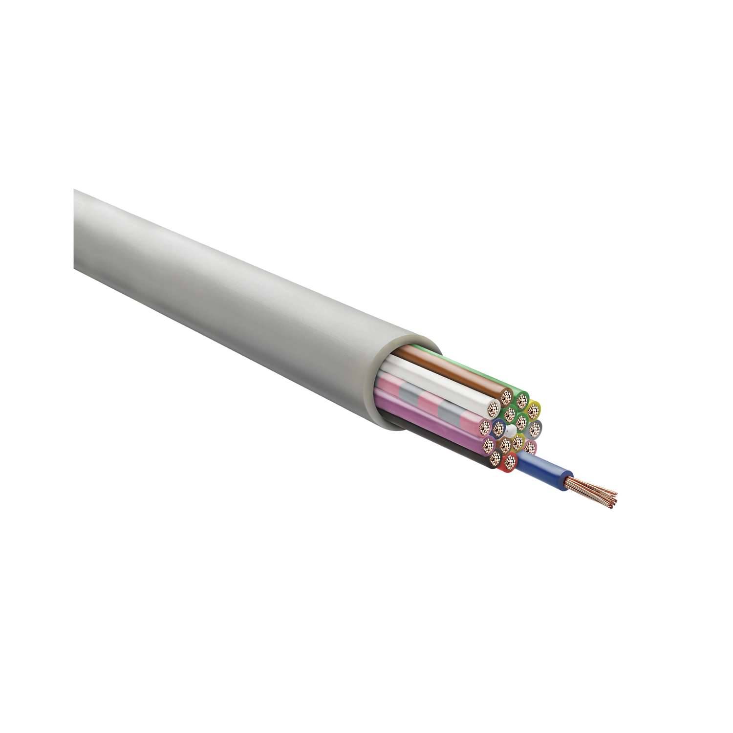 Ein geschnittenes Metallkabel, das mehrere farbcodierte Drähte im Inneren zeigt und eine Kommunikations- oder Stromversorgungsverbindung darstellt.