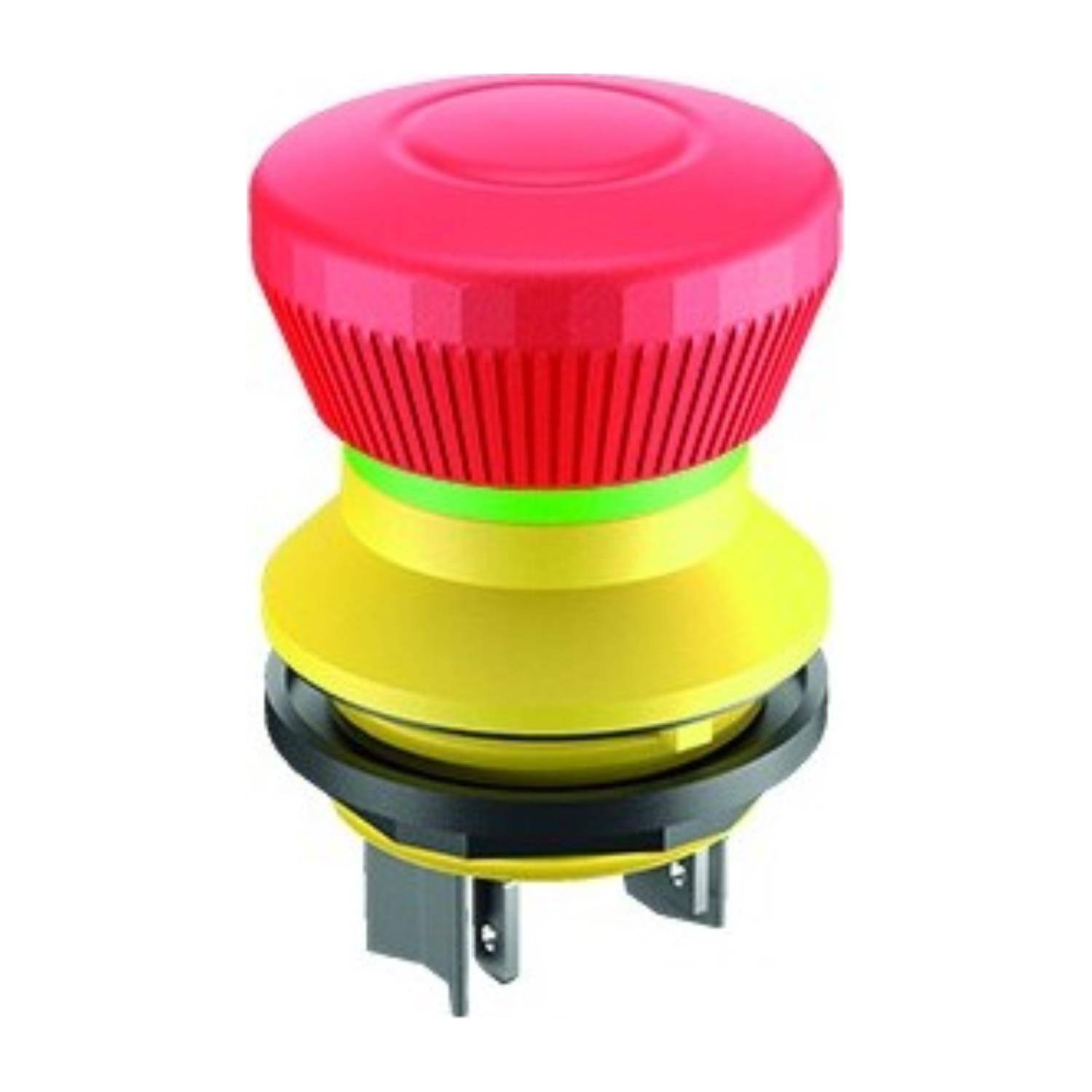 Roter Notaus-Drucktaster mit gerippter Ausführung, gelber Sockel und schwarzem Befestigungsflansch, verwendet zum schnellen Stoppen von Maschinen in Notfällen.