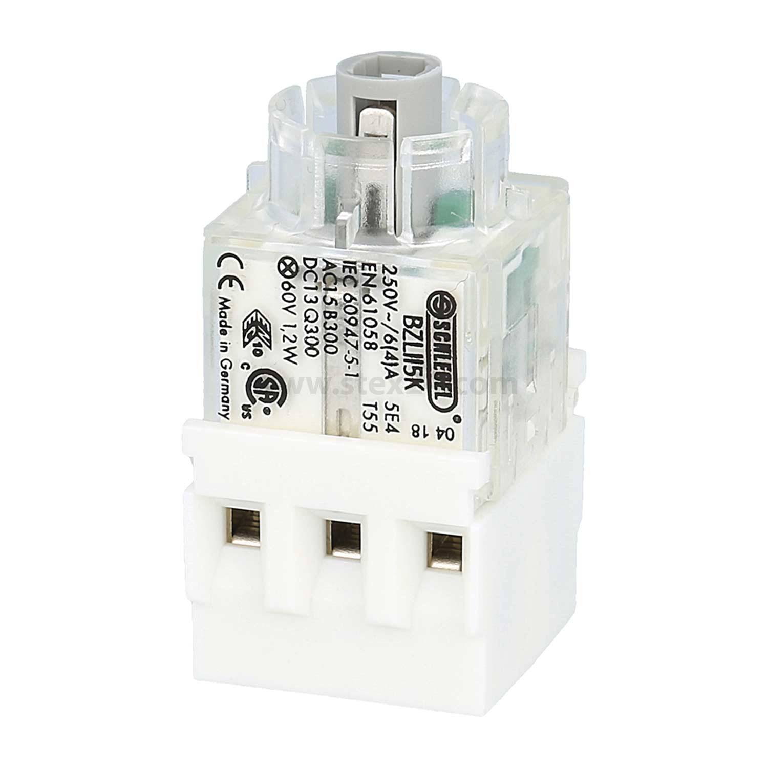 Eine klare elektrische Komponente mit Metallverbindern und Etiketten, die Spezifikationen, einschließlich Volt- und Zertifizierungszeichen, an der Seite detaillieren.