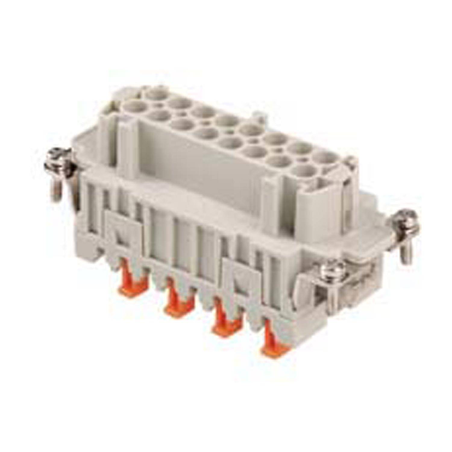 Ein grauer rechteckiger elektrischer Anschlussblock mit mehreren Kontaktpunkten, versehen mit Schrauben an den Seiten und roten Einsätzen am unteren Ende.