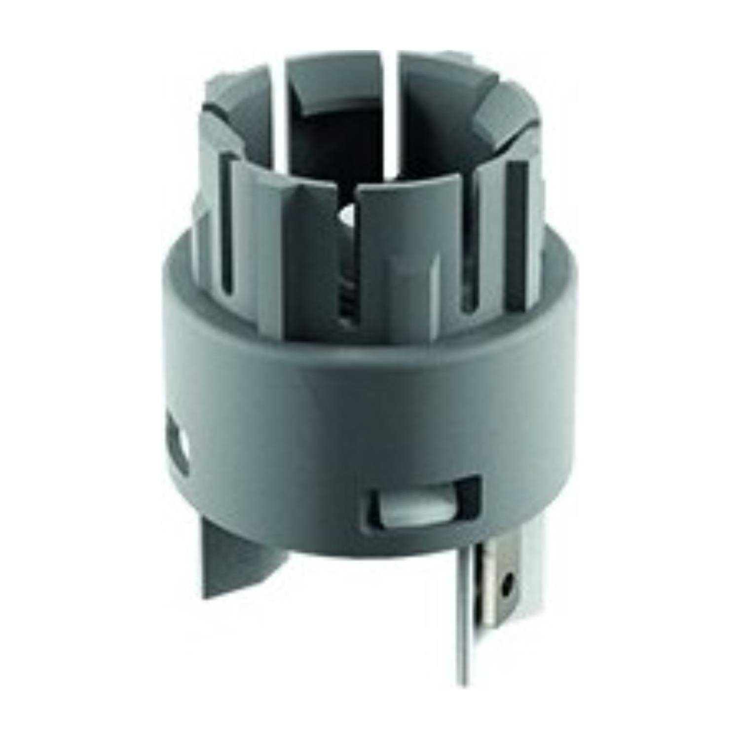 Ein grauer zylindrischer mechanischer Teil mit vertikalen Schlitzen und einer Metallbefestigung an der Basis, möglicherweise für industrielle Maschinen verwendet.