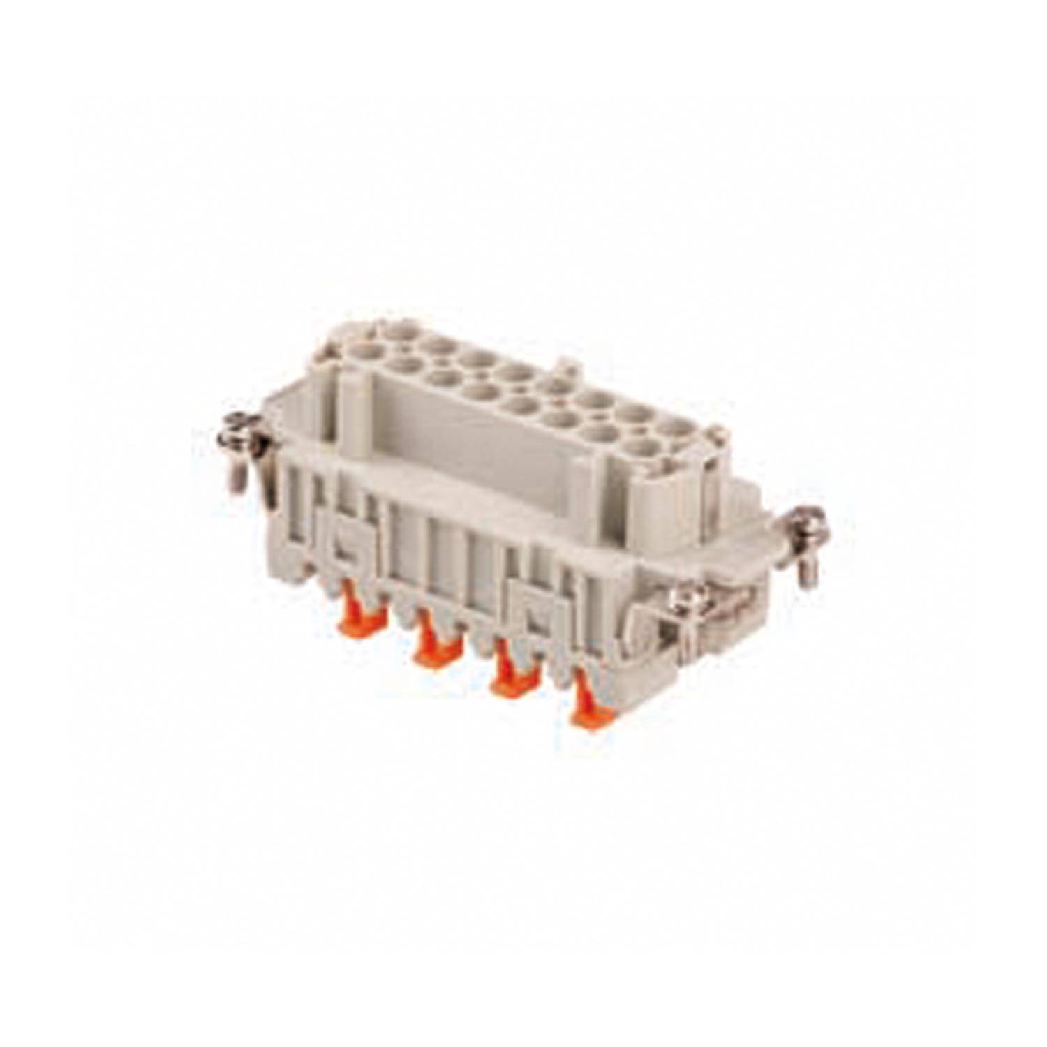 Ein grauer elektrischer Steckverbinder mit mehreren Pins und orangefarbenen Akzenten, geeignet für den Einsatz in industriellen oder maschinellen Umgebungen.