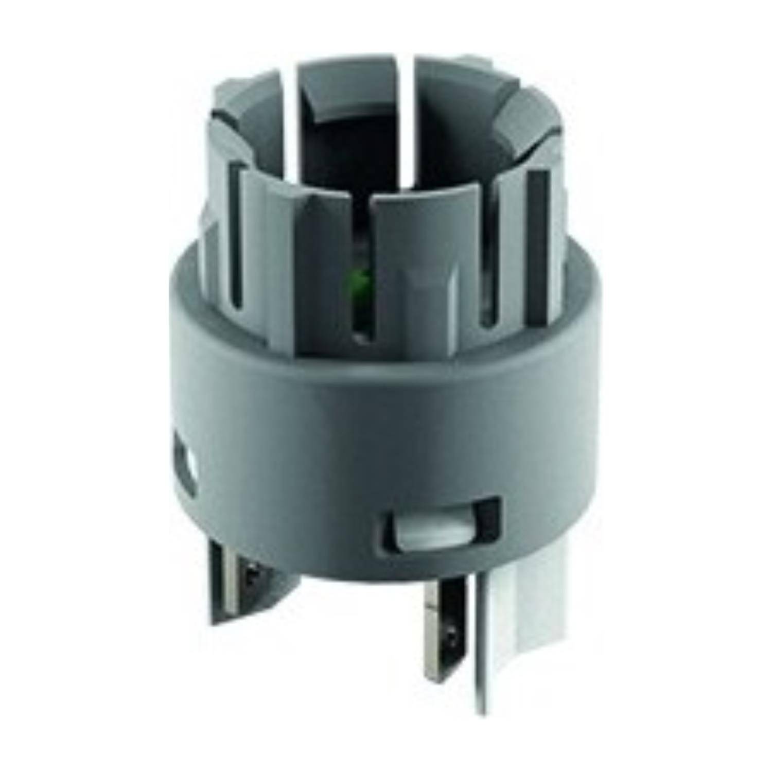 Ein zylindrischer grauer Maschinenteil mit vertikalen Rillen und Metallverbindern an der Basis, möglicherweise für elektronische Geräte verwendet.