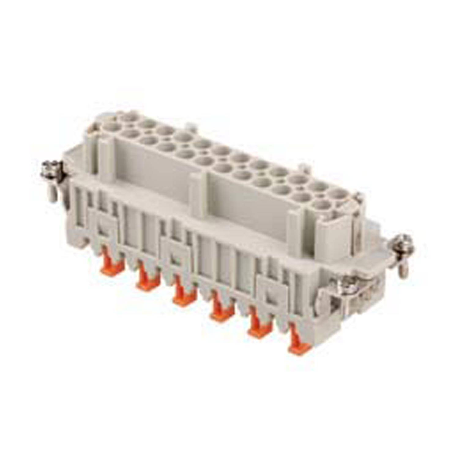 Ein rechteckiger elektrischer Anschluss mit mehreren Anschlüssen, für industrielle Anwendungen, mit grauem Deckel und orangefarbener Basis.