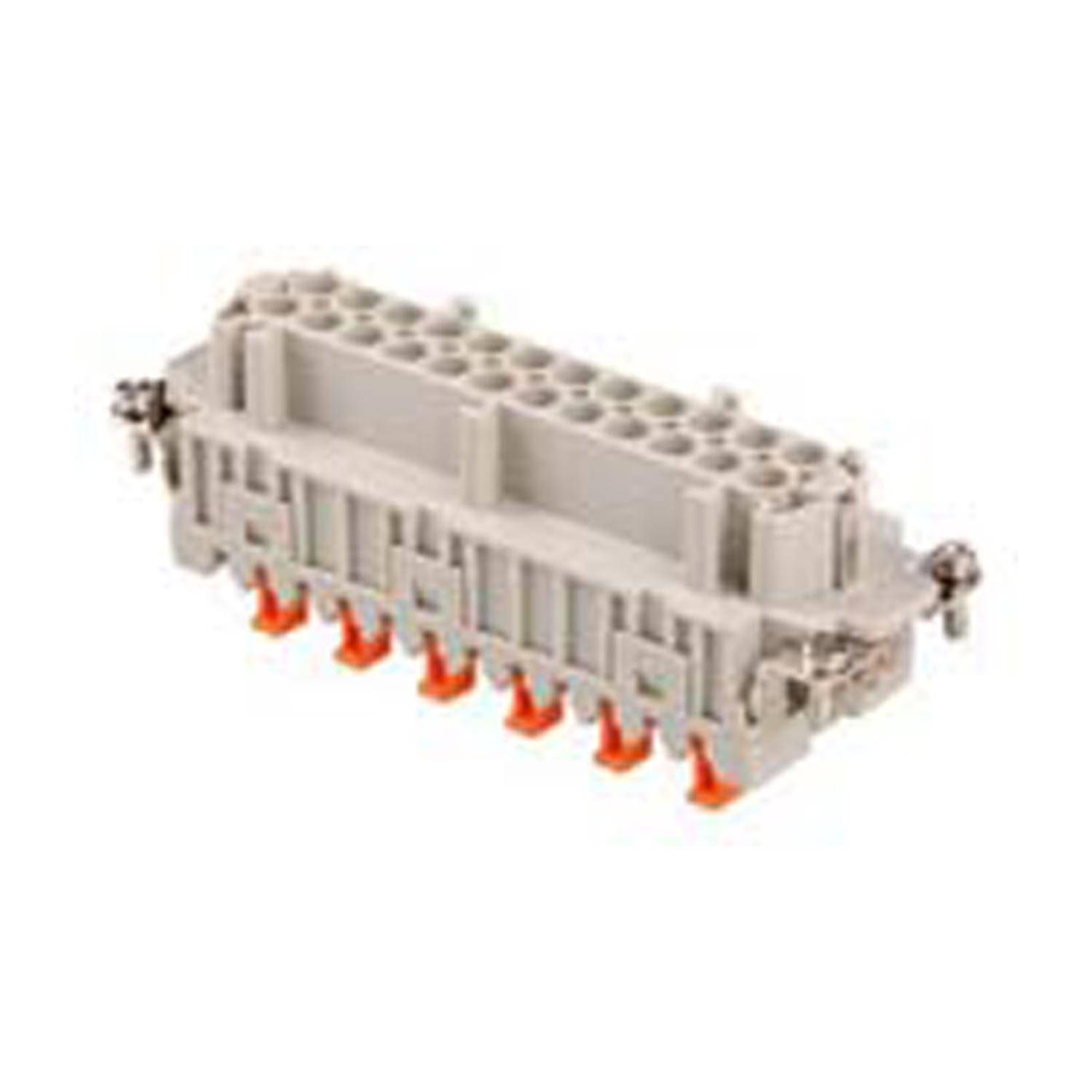 Ein rechteckiger, grauer elektrischer Steckverbinder mit mehreren Anschlüssen und orangefarbenen Clips, der zum Verbinden von Drähten in einer Schaltung entwickelt wurde.