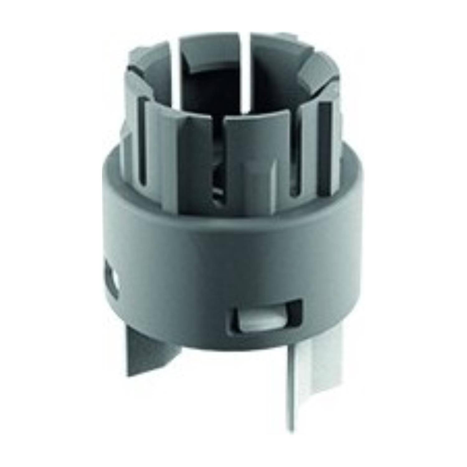 Eine graue Kunststoffkomponente mit vertikalen Schlitzen und einer zylindrischen Basis, die zum Befestigen von Kabeln oder Drähten in elektrischen Installationen verwendet wird.