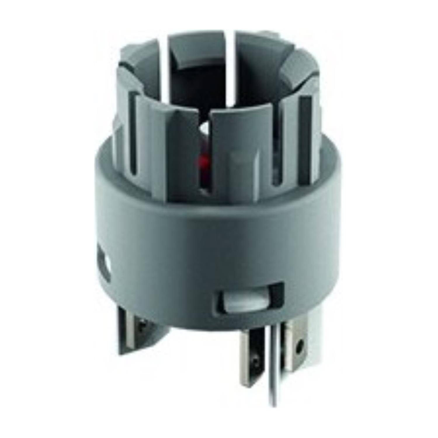 Eine graue, zylindrische elektronische Komponente mit Metallstiften, möglicherweise ein Sockel oder Anschluss, in einer Nahaufnahme dargestellt.