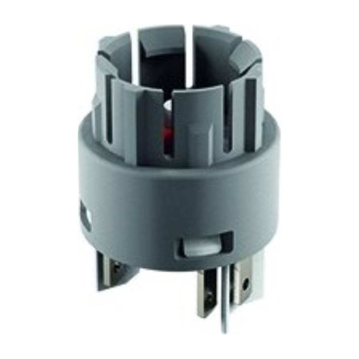 Eine graue Kunststoffkomponente mit zylindrischer Form und mehreren vertikalen Schlitzen, die für elektrische oder mechanische Anwendungen verwendet wird.