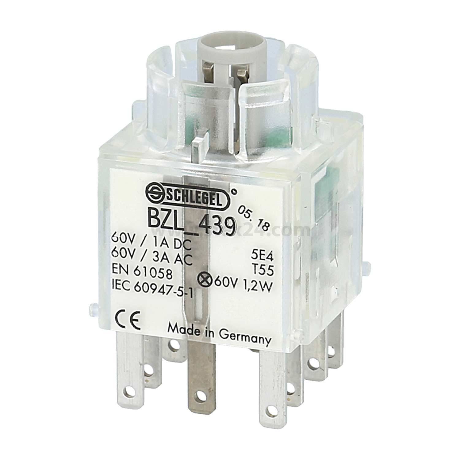 Schlegel BZL 439 Relais mit Spezifikationen: 60V/1A DC, 60V/3A AC, EN 61058, IEC 60947-5-1, 0,6W, 1,2W, Made in Germany.