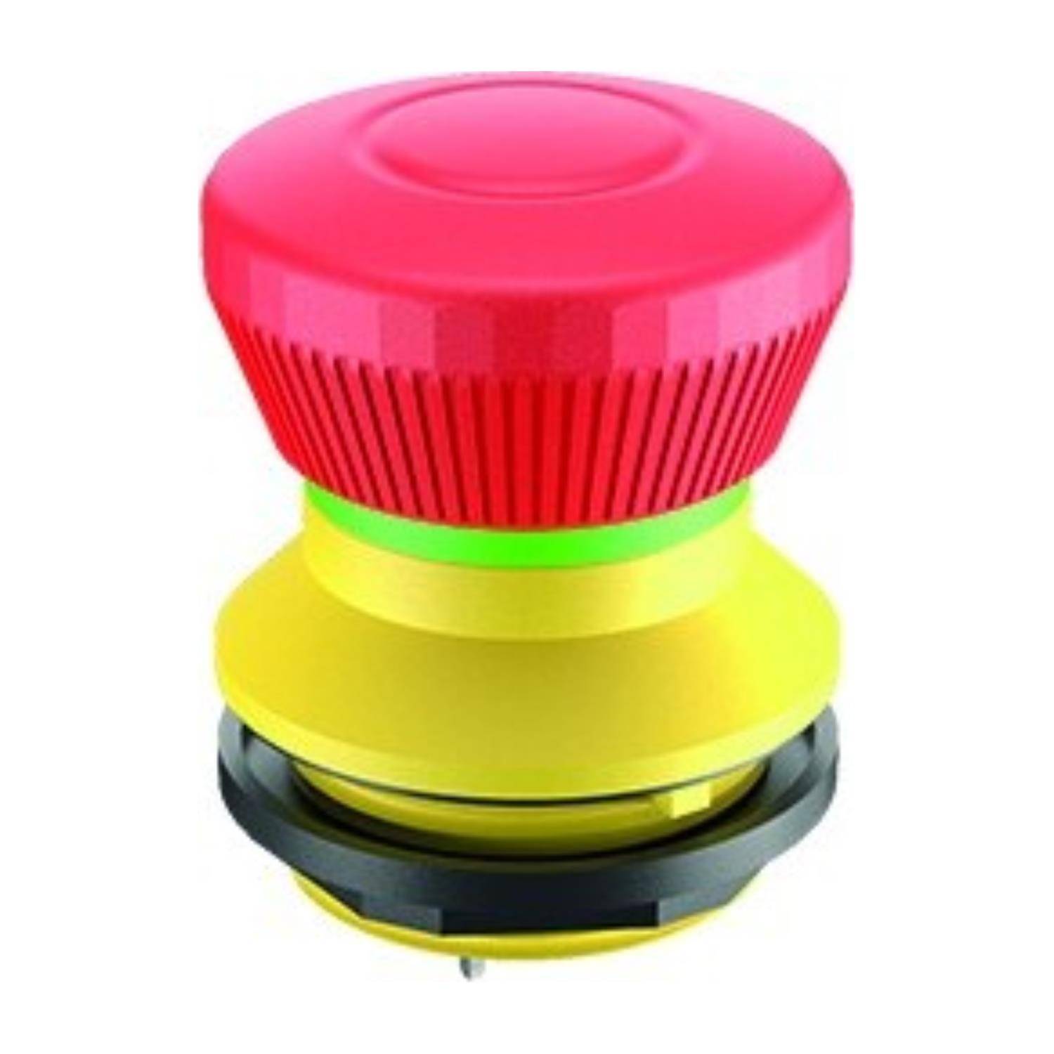 Ein großer roter Not-Aus-Knopf mit einer gelben Basis, der für industrielle Ausrüstung entwickelt wurde, um Betriebsabläufe sofort aus Sicherheitsgründen zu stoppen.