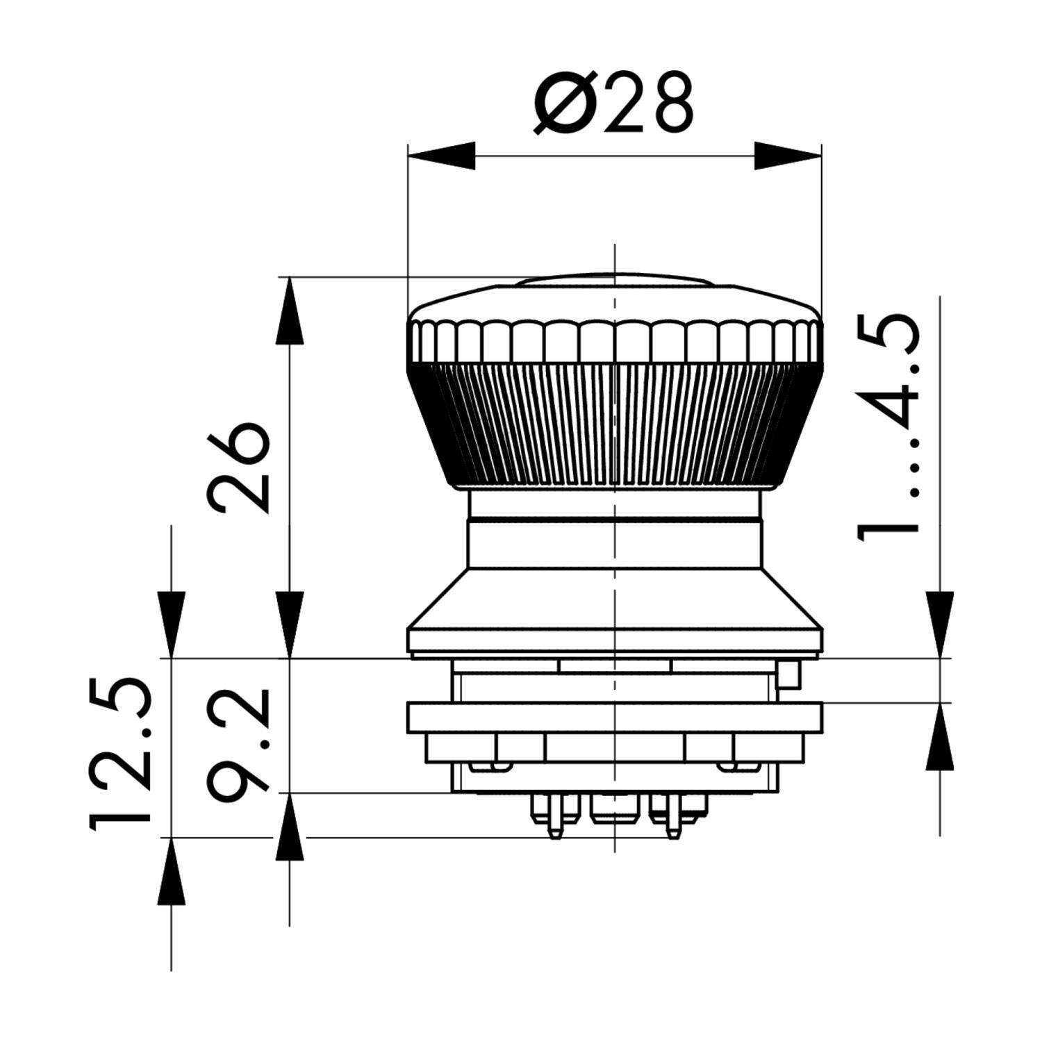 Technische Zeichnung eines Kontrollschalters mit Maßangaben in Millimetern: Durchmesser 28, Höhe 26, mit zusätzlichen Bauteilgrößen markiert als 12,5 und 9,2.