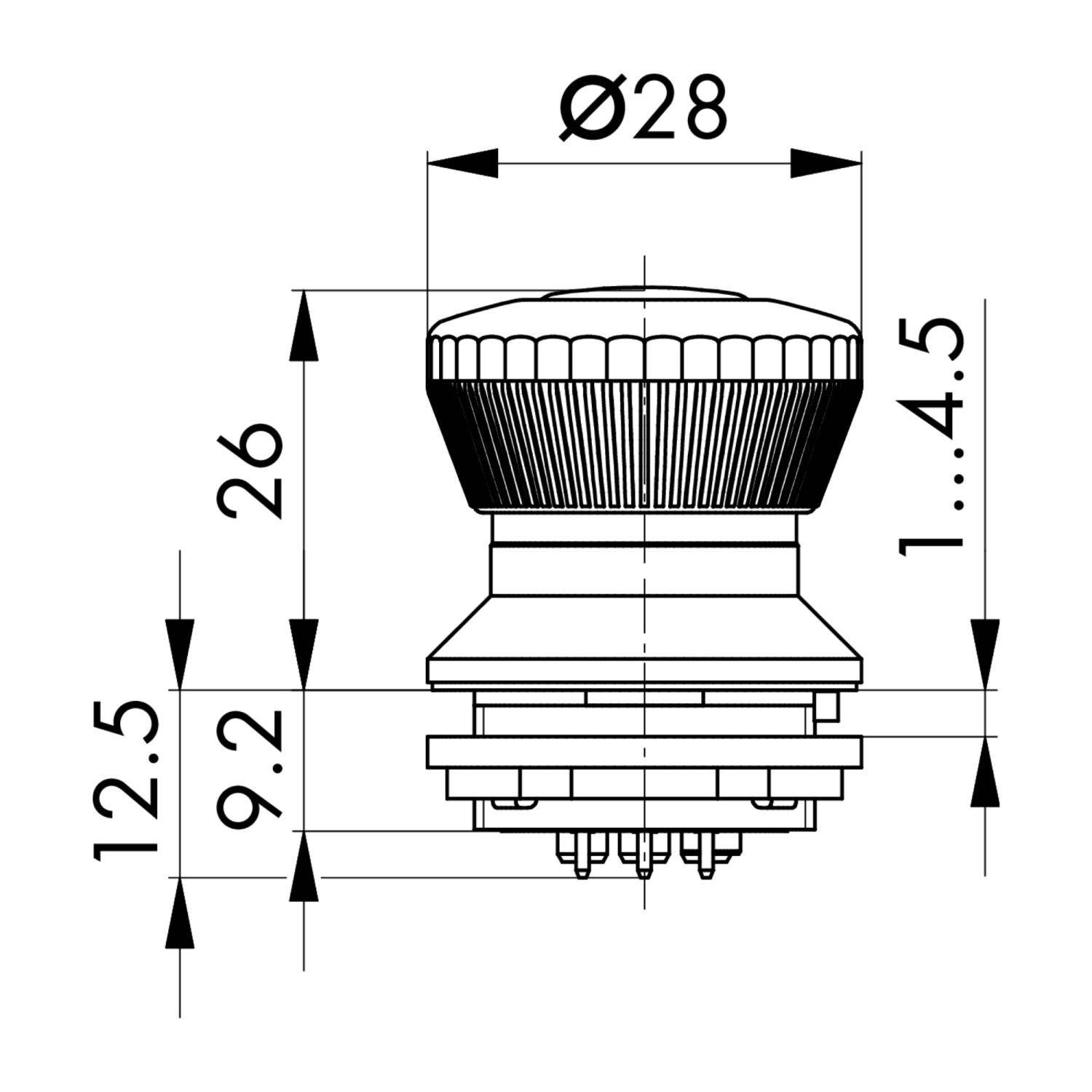 Technische Zeichnung eines runden Druckknopfschalters.' Abmessungen: Durchmesser 28 mm, Höhe 26 mm, Basishöhe 9,2 mm, Tastenhub 1...4,5 mm.