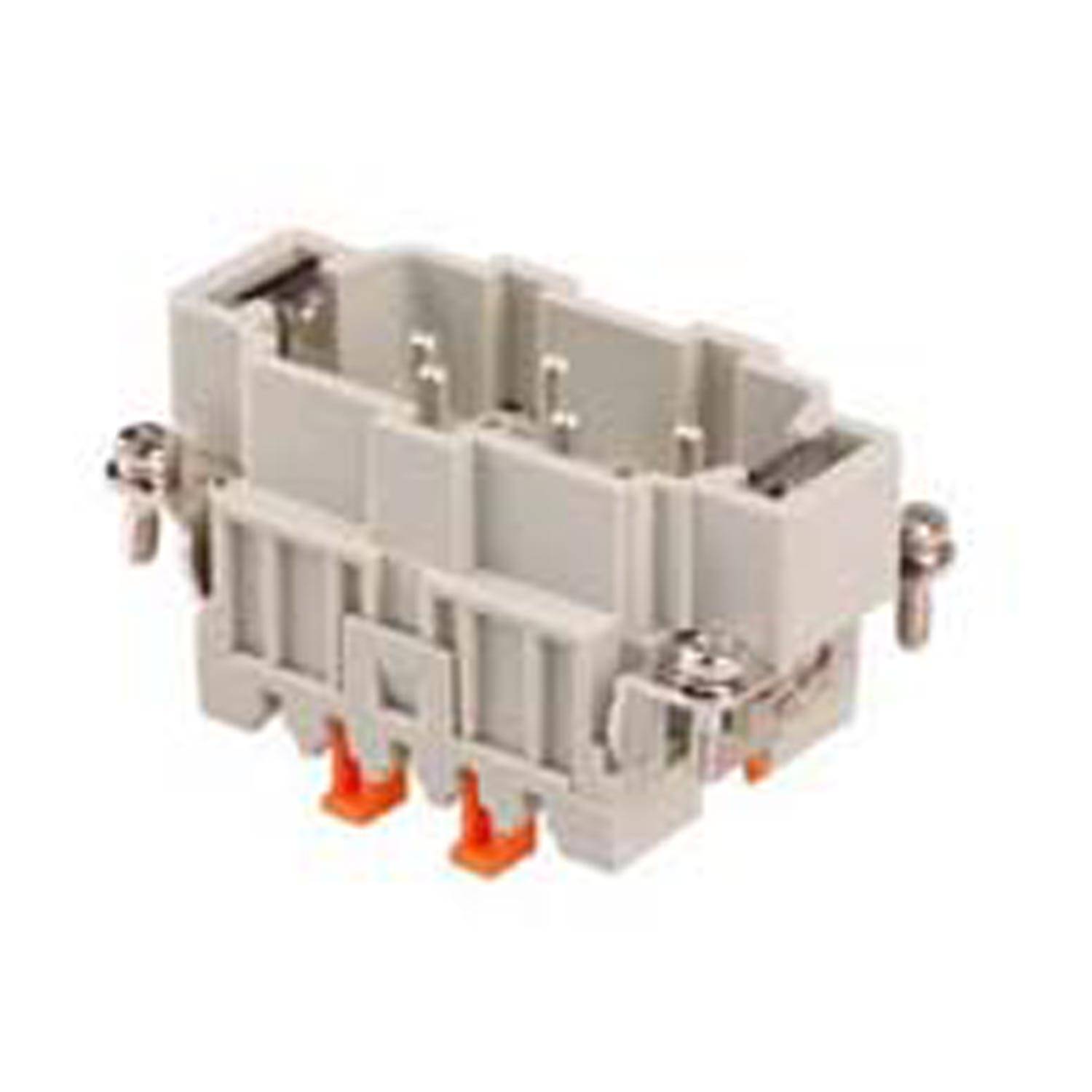 Ein grauer elektrischer Anschluss mit orangefarbenen Anschlüssen und Metallschrauben ist abgebildet.
