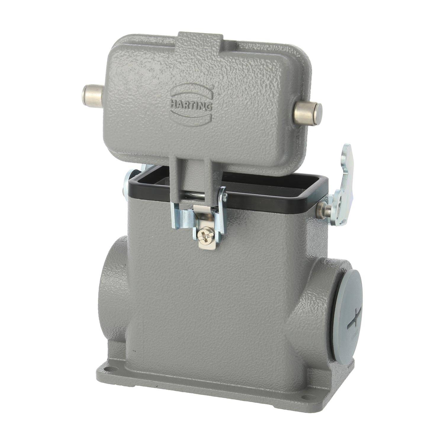 Elektrischer Verbindungsgehäusestecker mit einem rechteckigen Metallrahmen, grauer Oberfläche, Klappdeckel und Verriegelungsmechanismus für sichere Verbindungen.