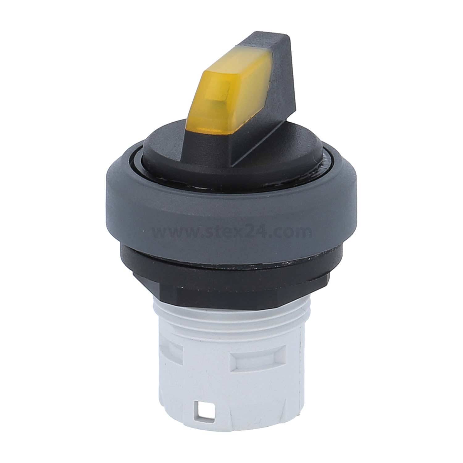 Schwarzer Rotary-Schalter mit gelber Anzeige auf zylindrischer weißer Basis. Verwendet für elektrische oder mechanische Steuerungen.