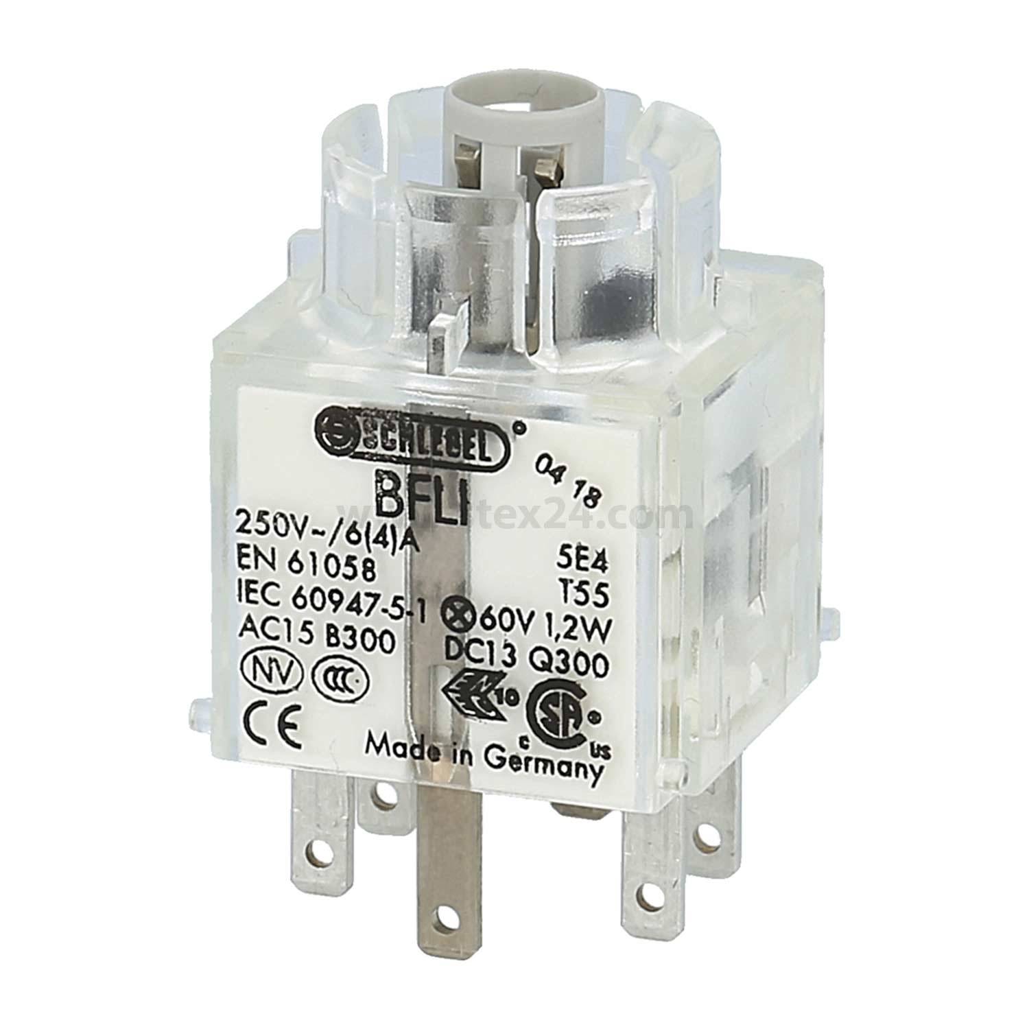 Eine transluzente elektrische Komponente mit mehreren Metallkontakten, beschriftet mit ‚BFL' und ‚250V~/6(4)A', hergestellt in Deutschland.