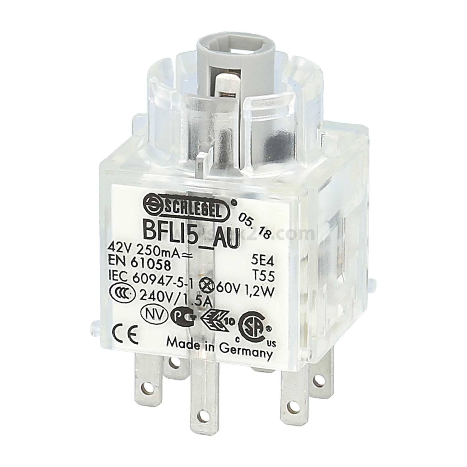 Ein transparenter elektrischer Relais mit mehreren Pins, beschriftet mit 'BFL15 AU'. Er unterstützt 42V 250mA und 240V/1,5A, hergestellt in Deutschland.