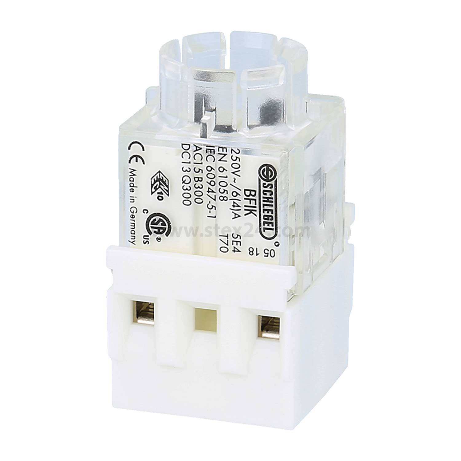 Ein Schneider-Elektrorelais, Modell V23154, 250V, mit Zertifizierungen und Bedienungshinweisen an der Seite, aufrecht stehend.