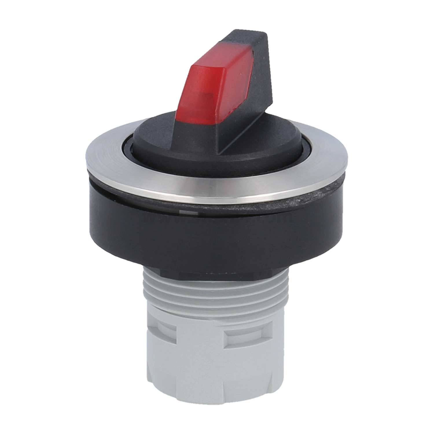 Ein schwarzer und roter Drehschalter mit runder Basis, der häufig in elektrischen oder mechanischen Steuerungssystemen verwendet wird.