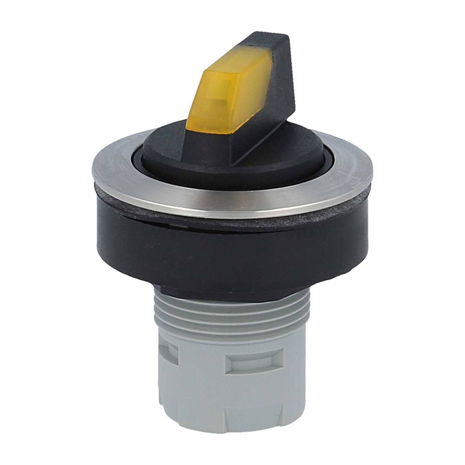 Drucktaster mit einer gelben Anzeige auf der Oberseite, verwendet für elektrische Schaltschränke.